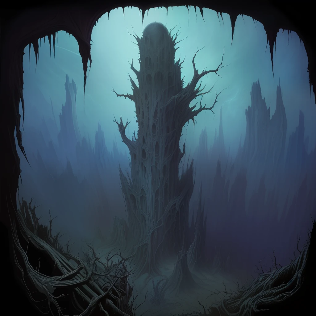 view from the top of peak, futurist dark valley in ruin, evil creatures, cosmic horror, abyss view, madness, thorns, spiked walls. Creepy illustration, Horror art, hyperdetailed painting, color drawing, art by Derek Riggs and HR Giger