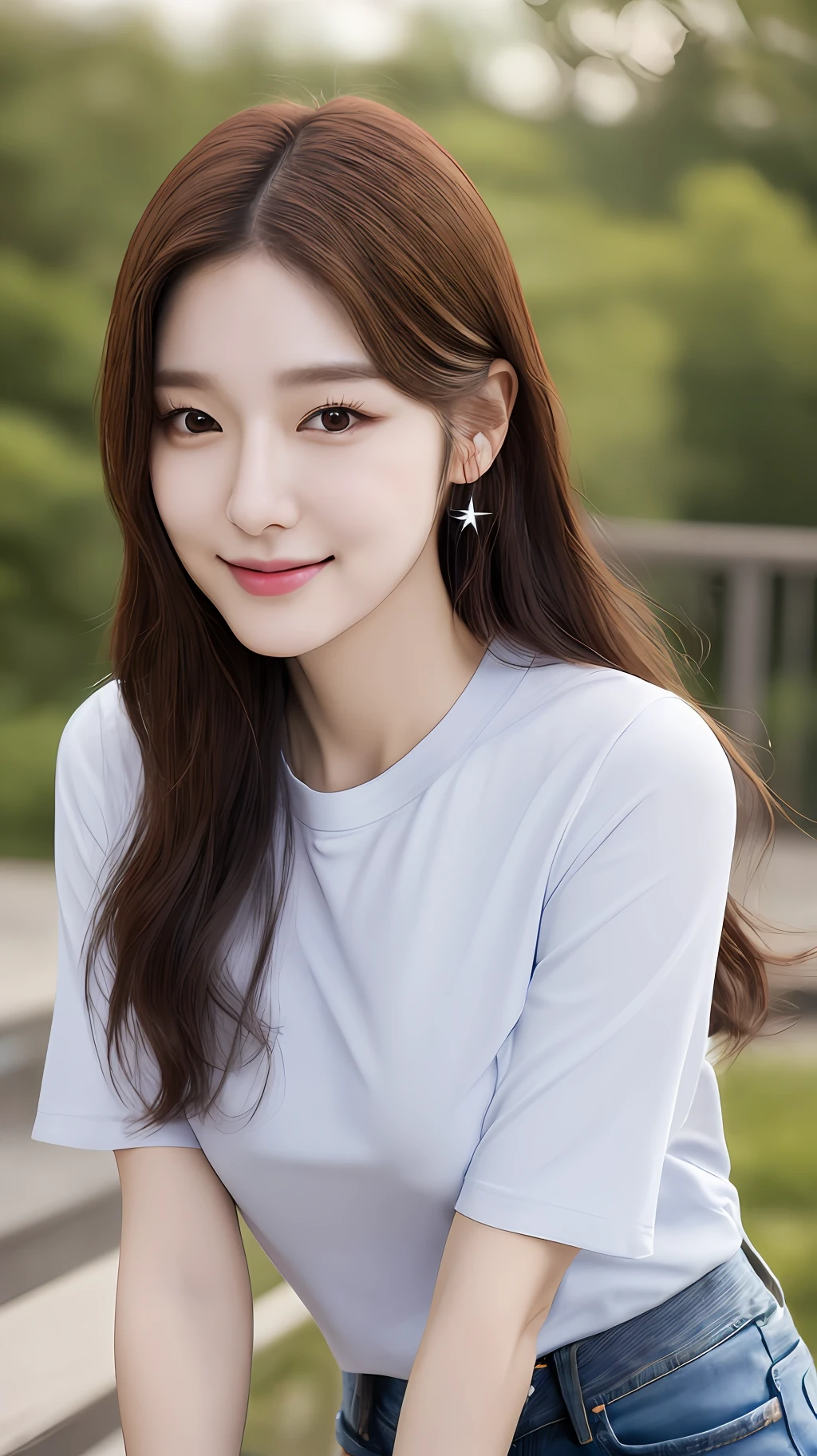 realistic photos of (1 cute Korean star), hair behind ear, thin makeup, medium breasts size, slightly smile, shirt and jeans, clear facial features, 8k, high resolution, sharp and realistic details,