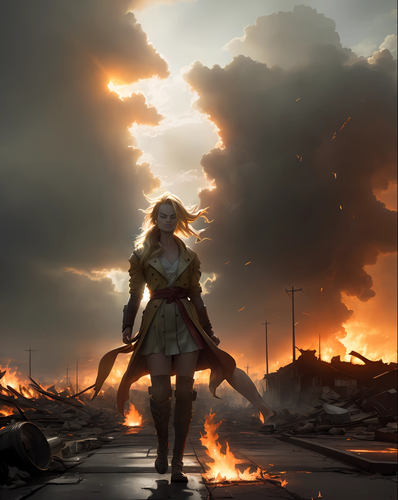 A (MARGOT ROBBIE super sayajin 4) standing on a street of a destroyed city, ki around the body and rays coming out, fire, dust everywhere, destruction, epic image in best possible resolution, 8k, very realistic, depth of field, a work of art, anime style