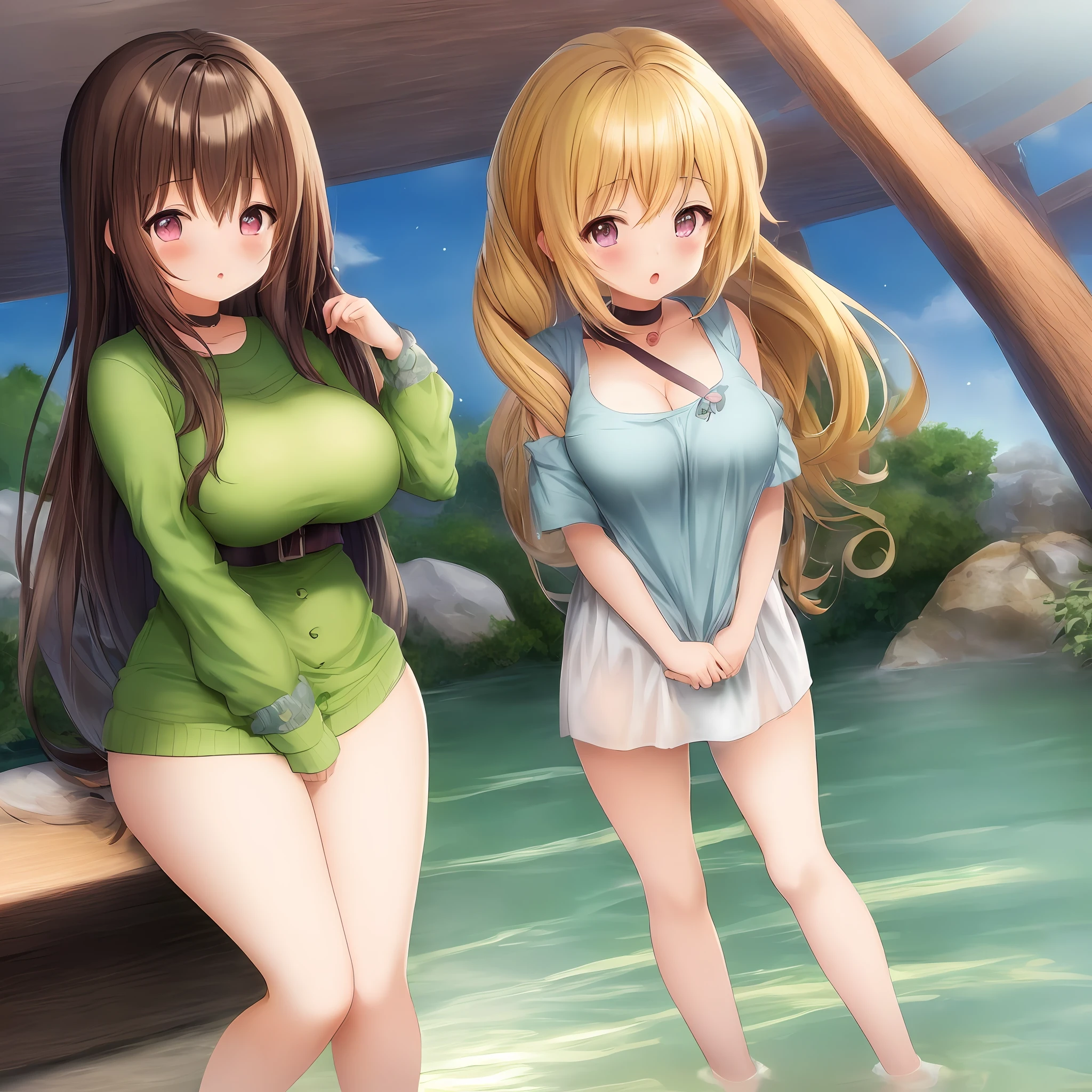 (Anime style, safe for work) [(2 girls):0.7 ,(cute, busty, curvy, partially covered), (long hair:1.2)], hot spring,