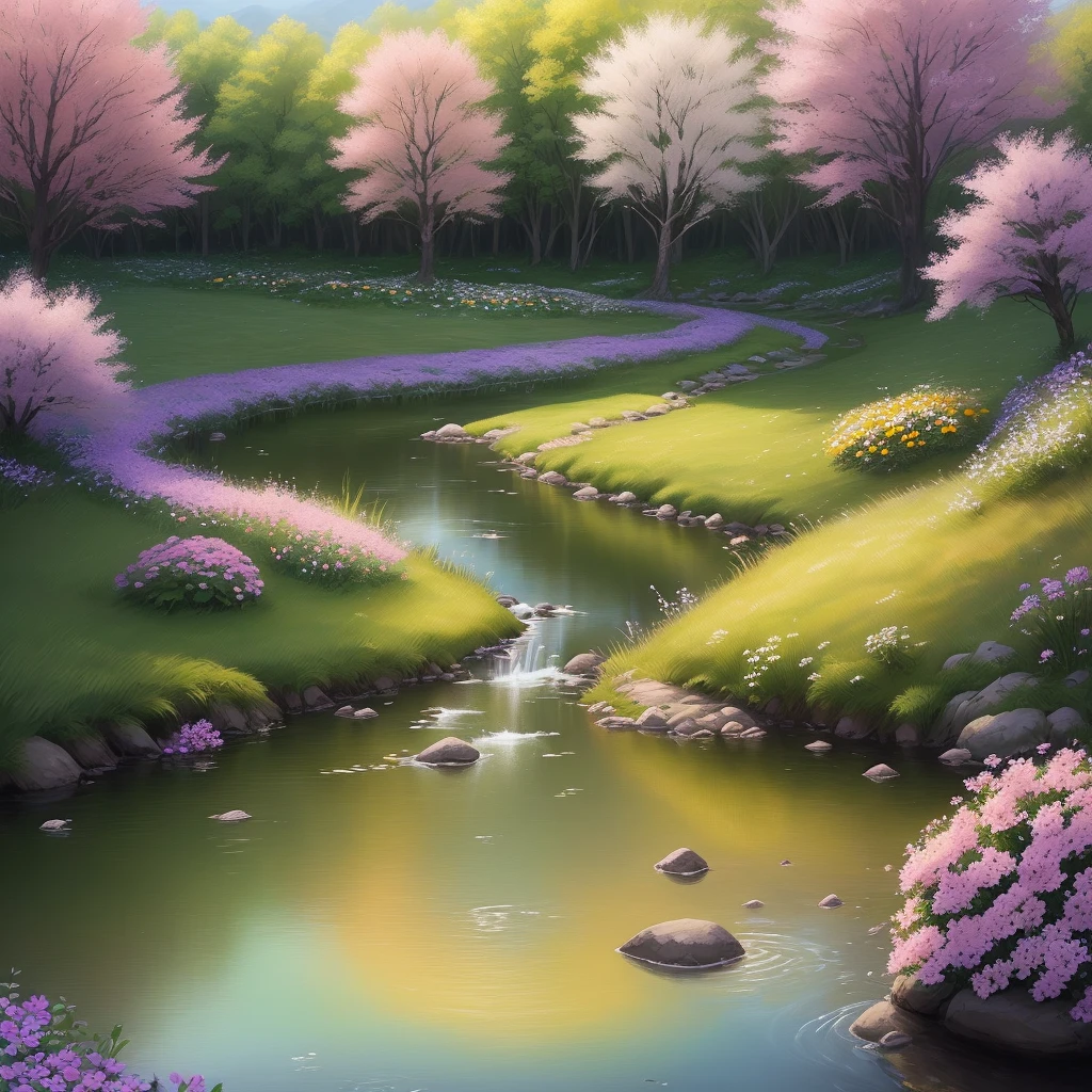 "Please create a realistic image of a grove with a clearing, with beautiful flowering ipês in their various colors. Include purple, yellow, white and pink ipês. Next to the ipês, draw a beautiful stream with its wide edges, with stones and grasses with small flowers, with daisies and other wild flowers. Ensure that the image conveys the serenity and beauty of nature, with vivid colors and natural details. The main focus should be the stream, capturing the harmony and tranquil atmosphere of the setting."