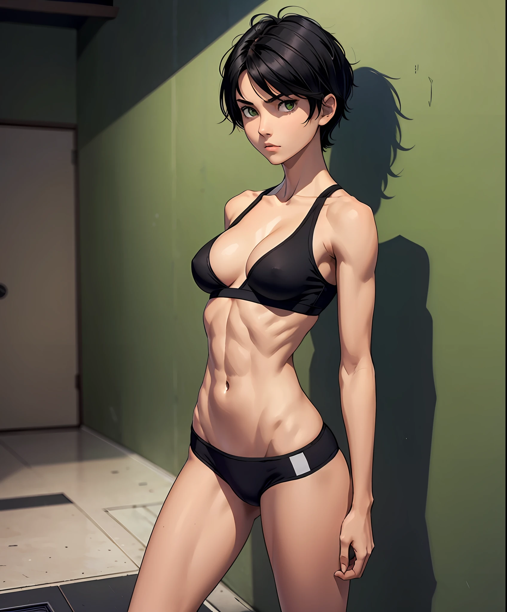 a tomboy girl, pretty face, serious face, short black hair, green eyes, perfect body, fit body, abdomen, , muscular, small black skimpy thong