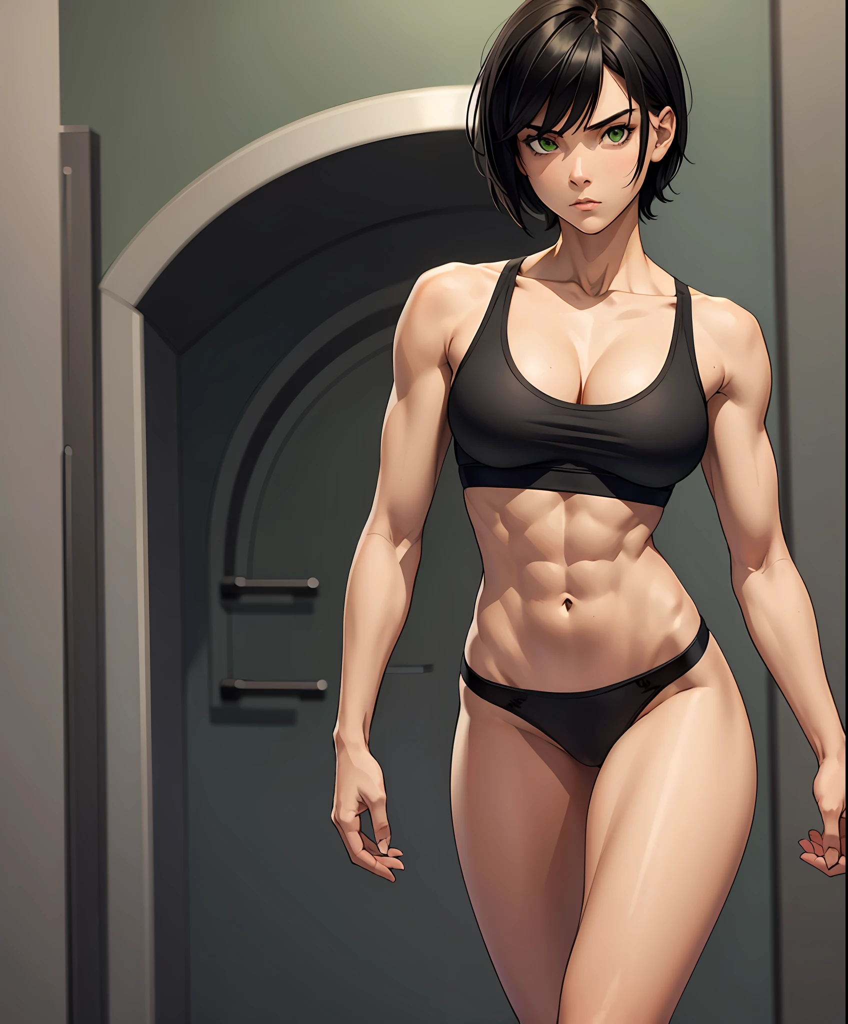 a tomboy girl, pretty face, serious face, short black hair, green eyes, perfect body, fit body, abdomen, big breasts, muscular, small black skimpy thong