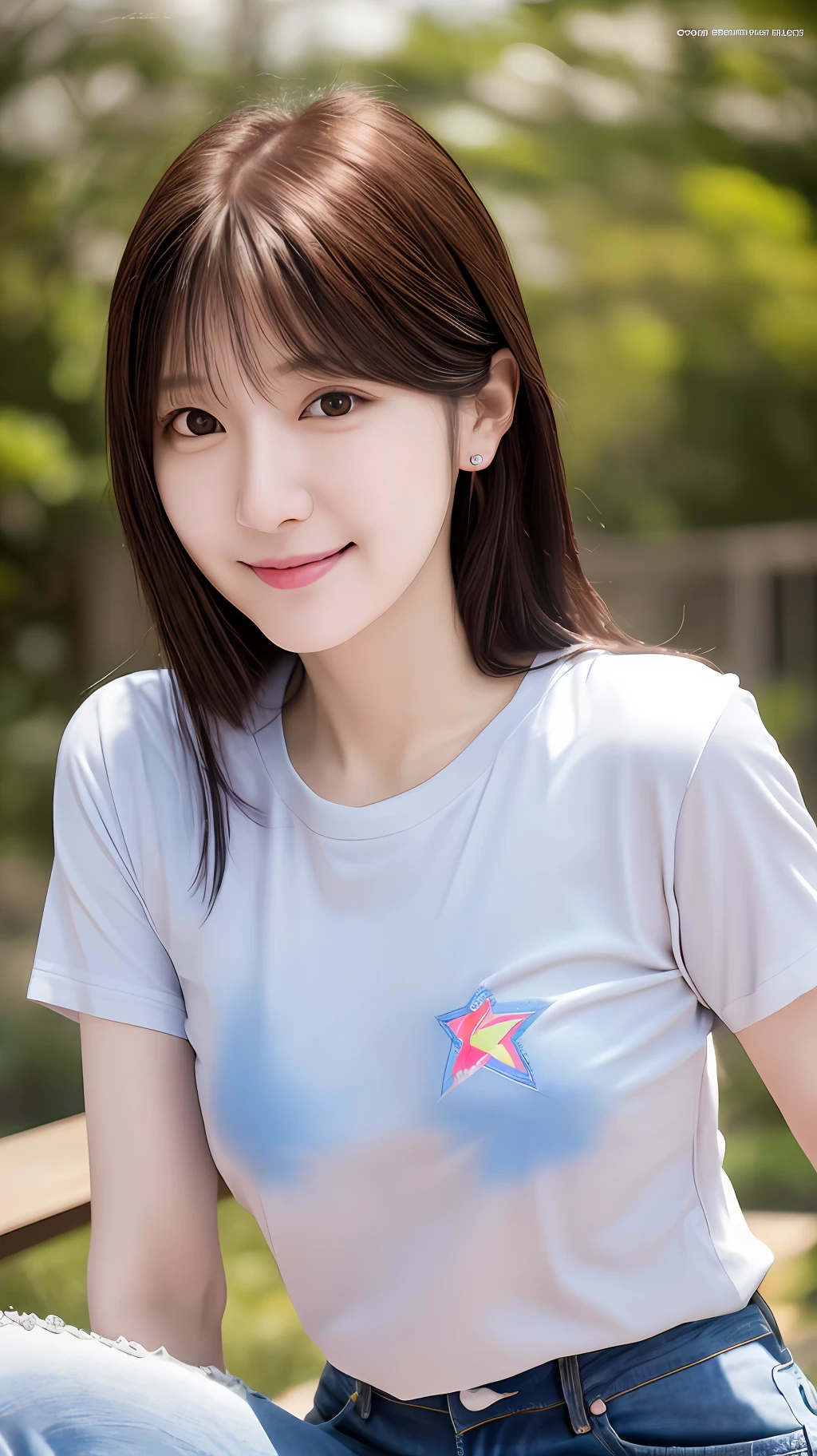 realistic photos of (1 cute Korean star), mizura, clear face, medium breasts size, slightly smile, multicolor t-shirt and jeans, perfect posture, clear facial features, 16k, high resolution, sharp and realistic details, cut-in, lens flare, cinematic lighting, blurry