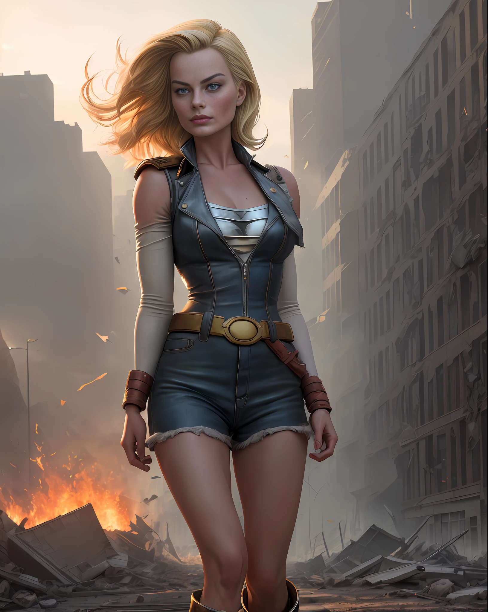 A (MARGOT ROBBIE like Android 18) standing on a street of a destroyed city, ki around the body, rays coming out of the hands and eyes, fire, dust everywhere, destruction, super realistic, well detailed face without distortions, epic image in the best possible resolution, 8k, very realistic, depth of field, a work of art,  portrait style