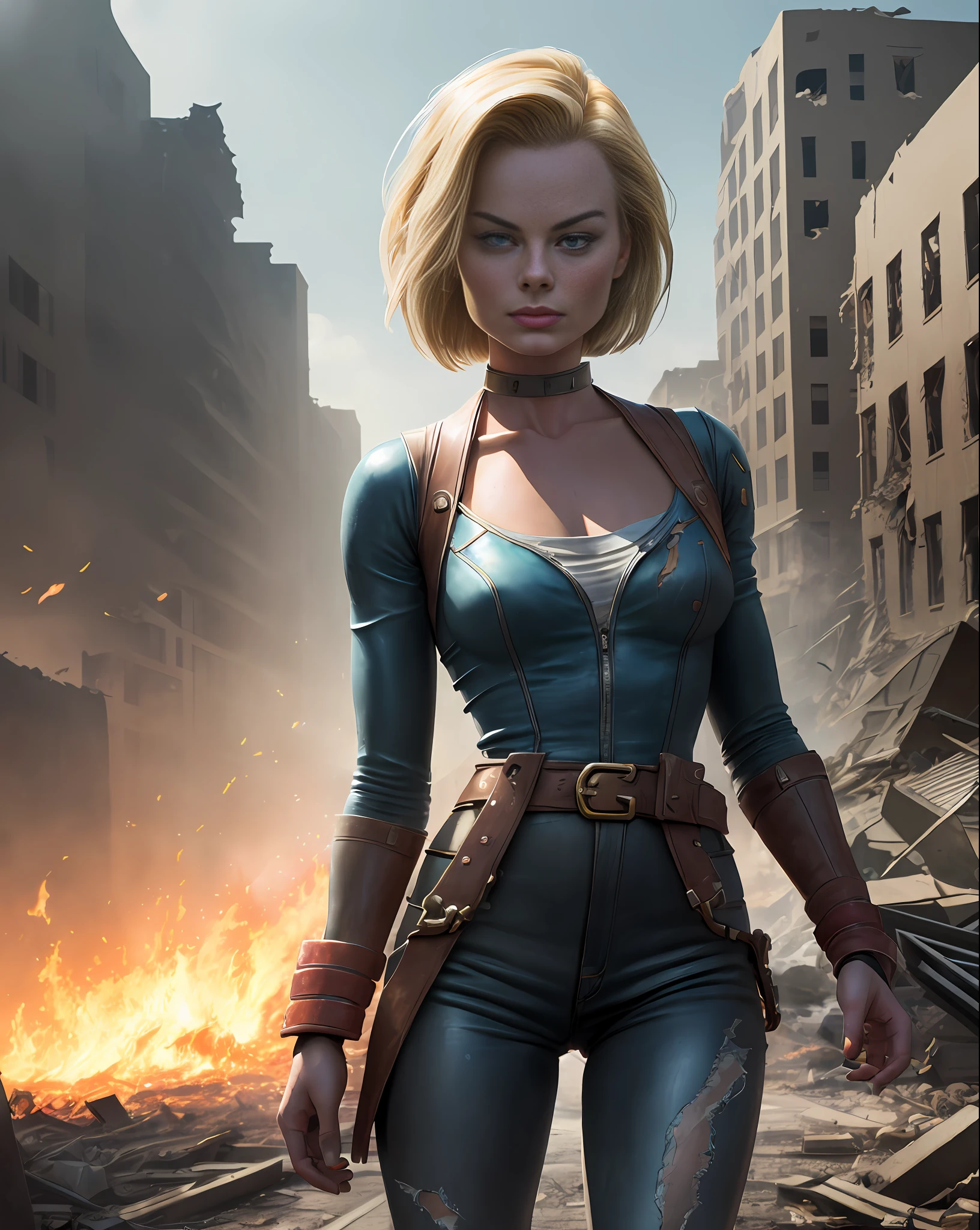 A (MARGOT ROBBIE like Android 18) standing on a street of a destroyed city, ki around the body, rays coming out of the hands and eyes, fire, dust everywhere, destruction, super realistic, well detailed face without distortions, epic image in the best possible resolution, 8k, very realistic, depth of field, a work of art, portrait style