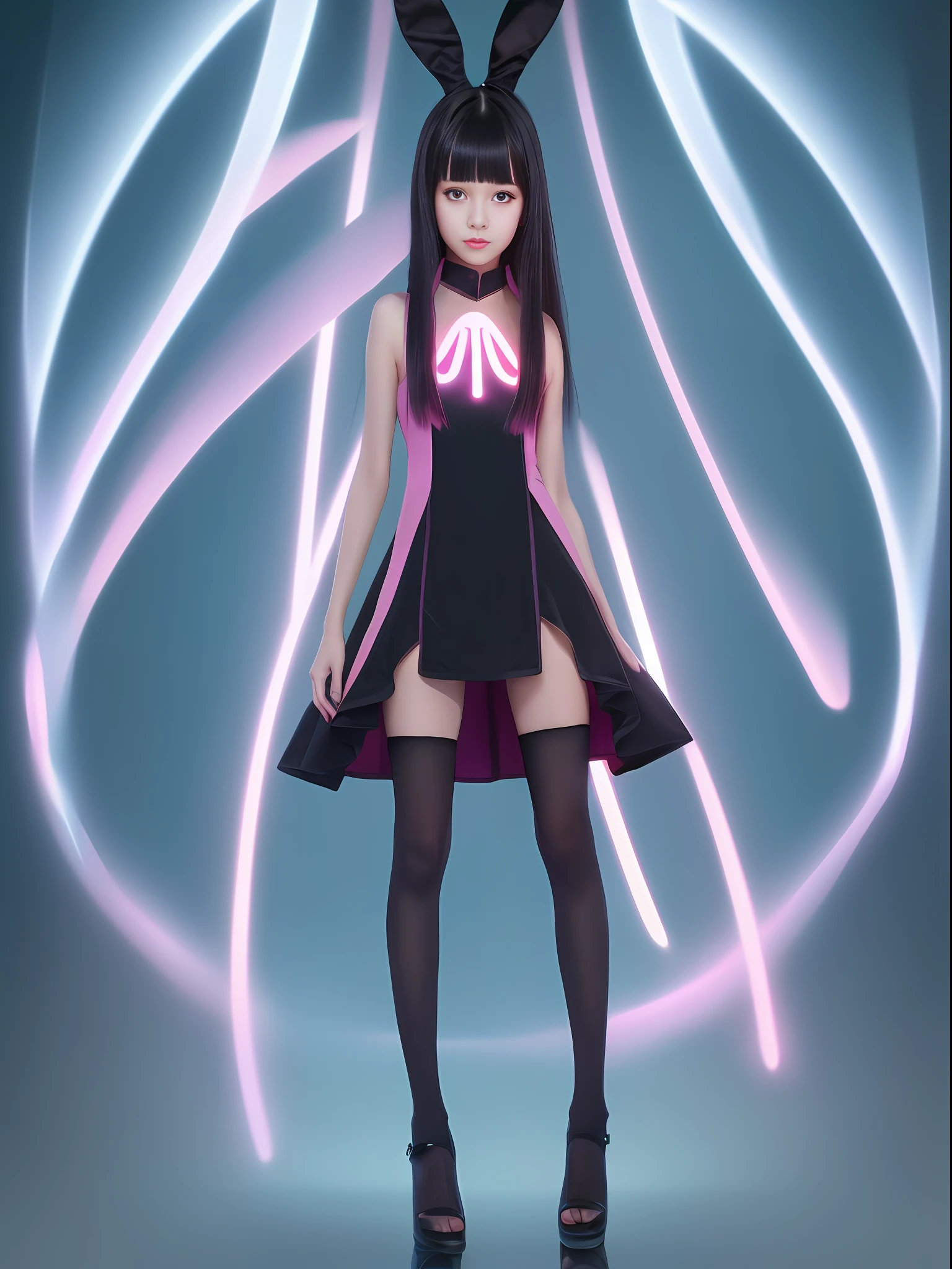 Realistic, high quality, young skinny rabbit face bunny lip girl,
(long black hair), long ears, (bangs: 1.2),
(girl with a bunny face, complex pink dress: 1.3), mischievous, smiling,
(abdomen: 1.3), (abs: 0.95), small breasts, (slender waistline: 1.3),
(natural light), volumetric lighting, minimalist background, bioluminescence, perfect anatomy, (full body, body in view: 1.5)