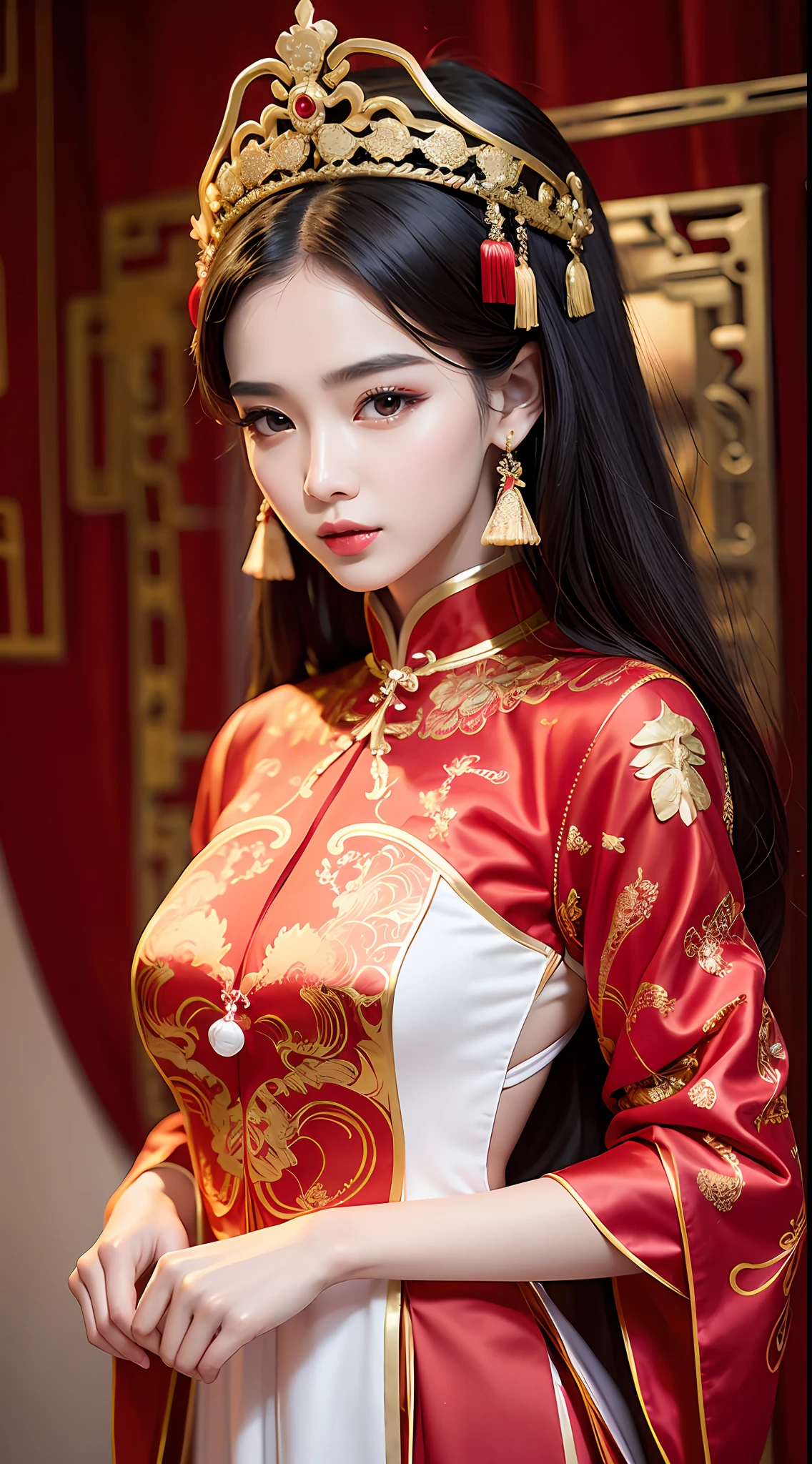 (8k, RAW Photo, Best Quality, Masterpiece: 1.2), (Realistic, Realistic: 1.37), 1 Girl, Aalfite Woman Posing for Photo in Red Dress and Headdress, Gorgeous Role Play, Beautiful Costume, Intricate Fantasy Dress, Beautiful Fantasy Queen, Chinese Dress, Complex Dress, Complex Costume, Traditional Beauty, Gorgeous Chinese Model, Chinese Costume, Wearing Gorgeous Costume, Wearing Elegant Chinese Xiuhe Dress, Chinese Wedding Dress, Phoenix Crown Xia Hanging, Antique Bride, Xiuhe Dress, Close-up, close-up