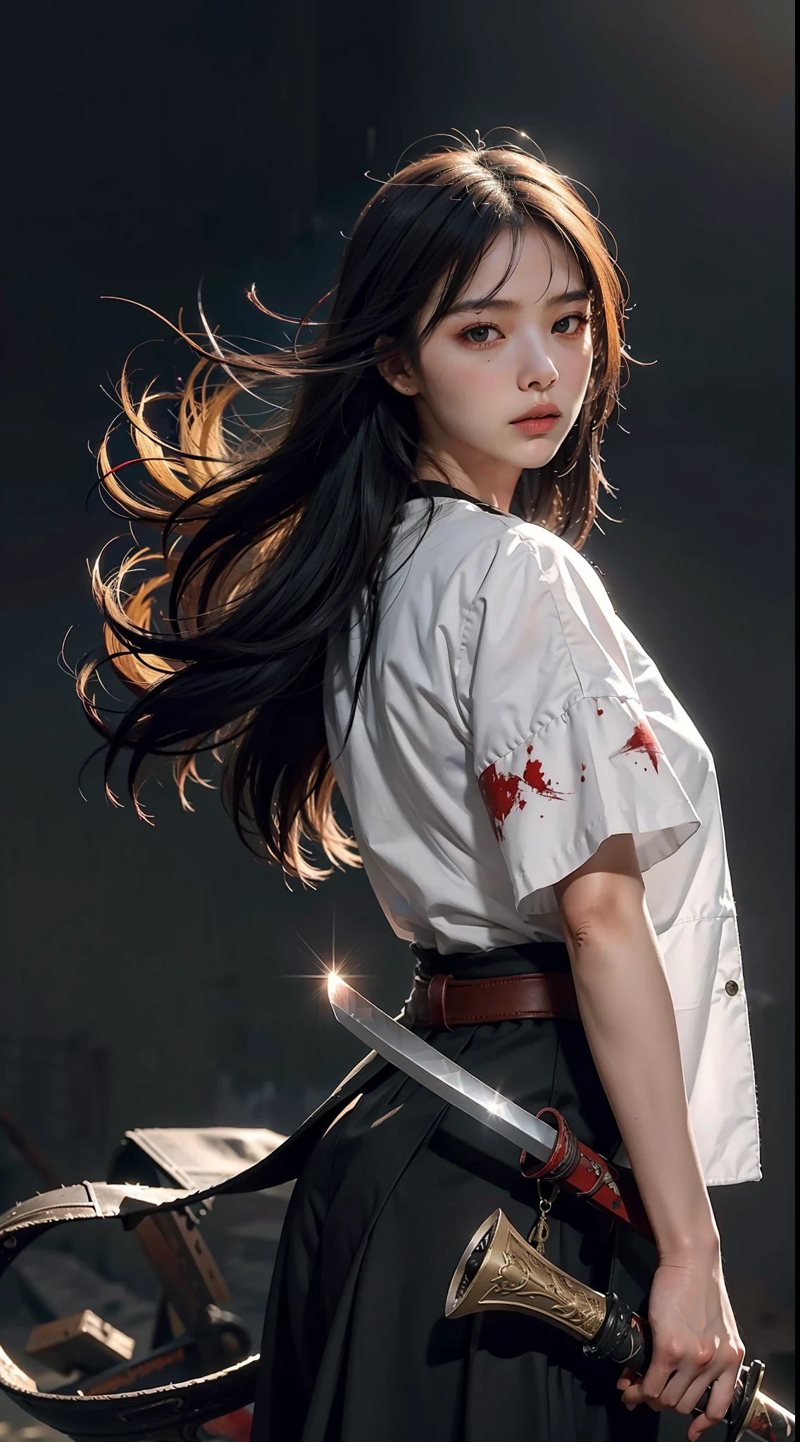 (RAW photo, 4k, realistic, exquisitely detailed skin), masterpiece, best quality, official art, unity 8k wallpaper, ultra detailed,(dark scene,low key,soft lighting), cinematic look,high saturation,best anatomy,volumetric fog, a samurai girl, slim body, cowboy shot, 1girl,weapon,sword,long hair,black hair,holding,solo,holding weapon,blood,holding sword,arm guards,simple background,blood on weapon,looking at viewer,black eyes,tabi,floating hair,