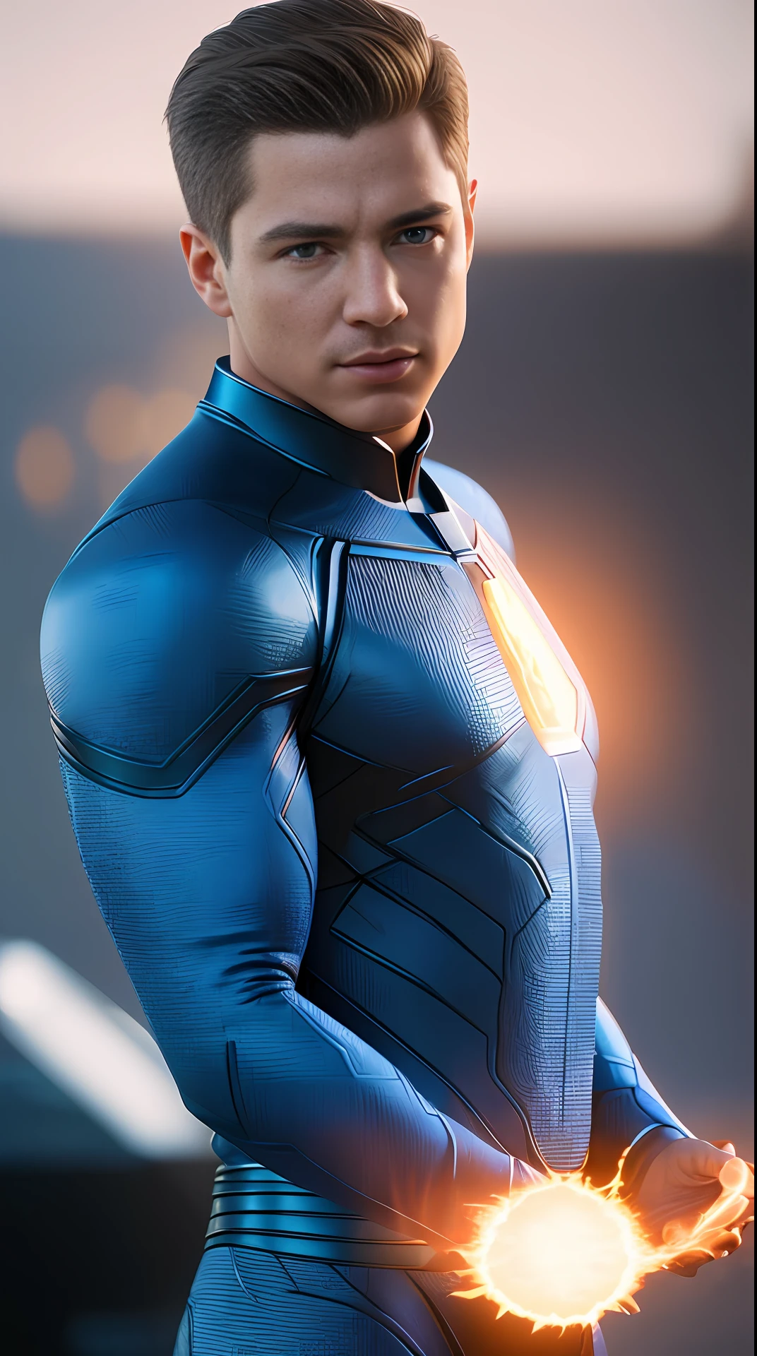 Cinematic soft lighting illuminates a stunningly detailed and ultra-realistic Paul Mescal is Human Torch of the Fantastic Four , blue uniform, that is trending on ArtStation. Octane is the perfect tool to capture the softest details of this 16k photography masterpiece