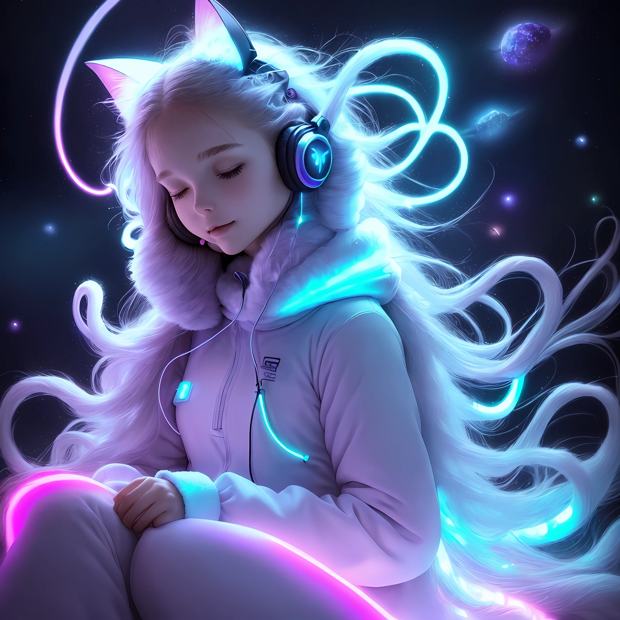 ((Woman)) wearing(( earphones)),(( so long hair volume glowing)) , (( Winter Sleep Suitcat)), ((body spot )),floating in space, Fluffy , Serenity, ((full body shot)), dreamy glow, glowing neon, blacklight, chemiluminescence