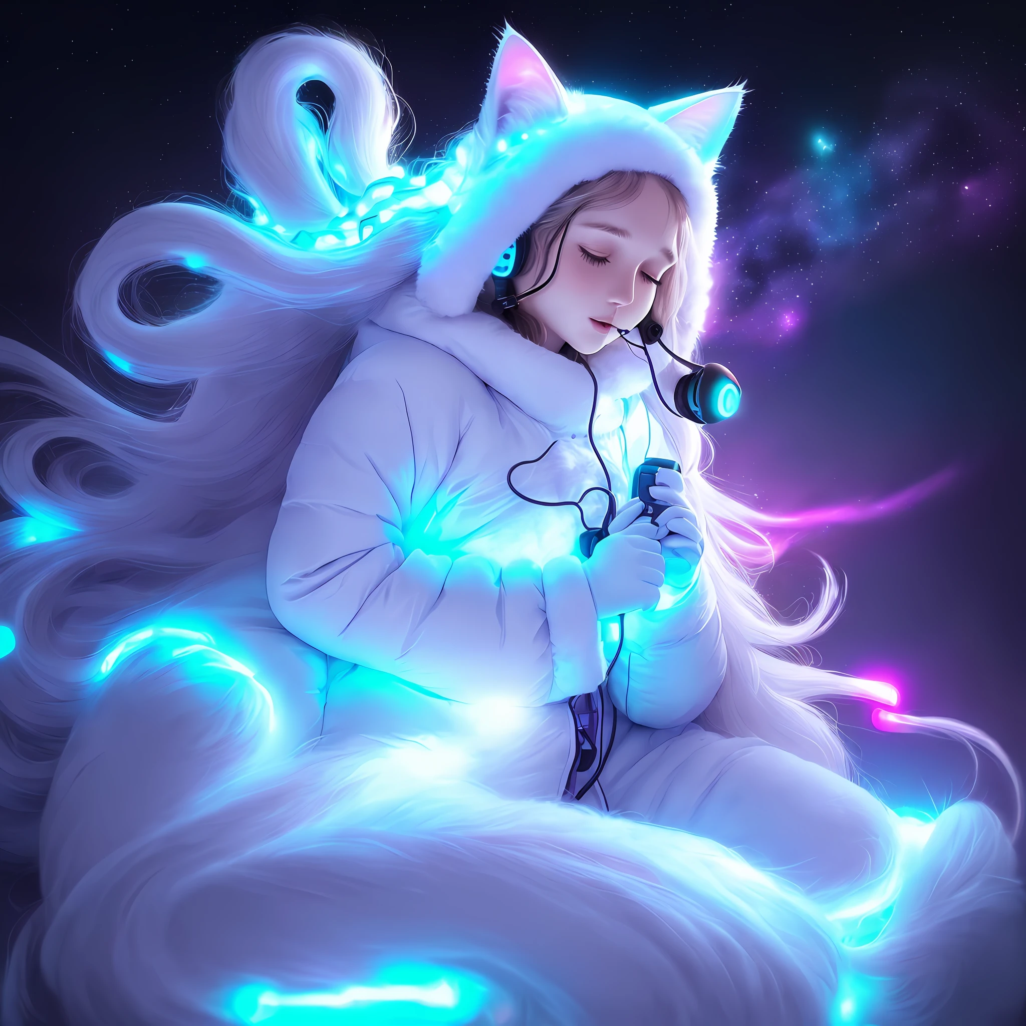 ((Woman)) wearing(( earphones)),(( so long hair volume glowing)) , (( Winter Sleep Suitcat)), ((body spot )),floating in space, Fluffy , Serenity, ((full body shot)), dreamy glow, glowing neon, blacklight, chemiluminescence