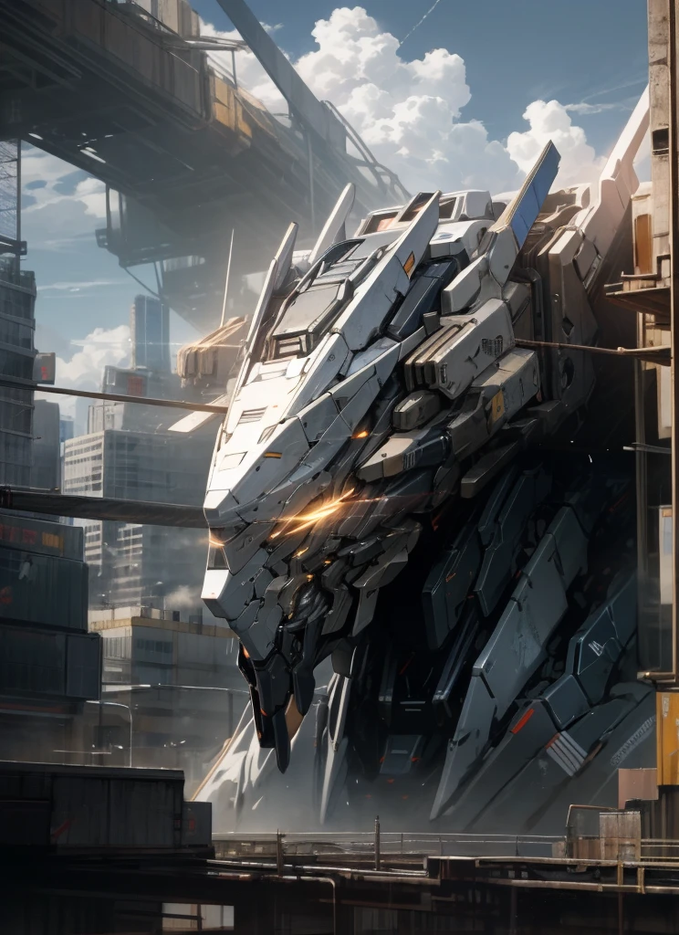 sky, cloud, holding_weapon, no_humans, glowing, , robot, building, glowing_eyes, mecha, science_fiction, city, realistic,mecha
