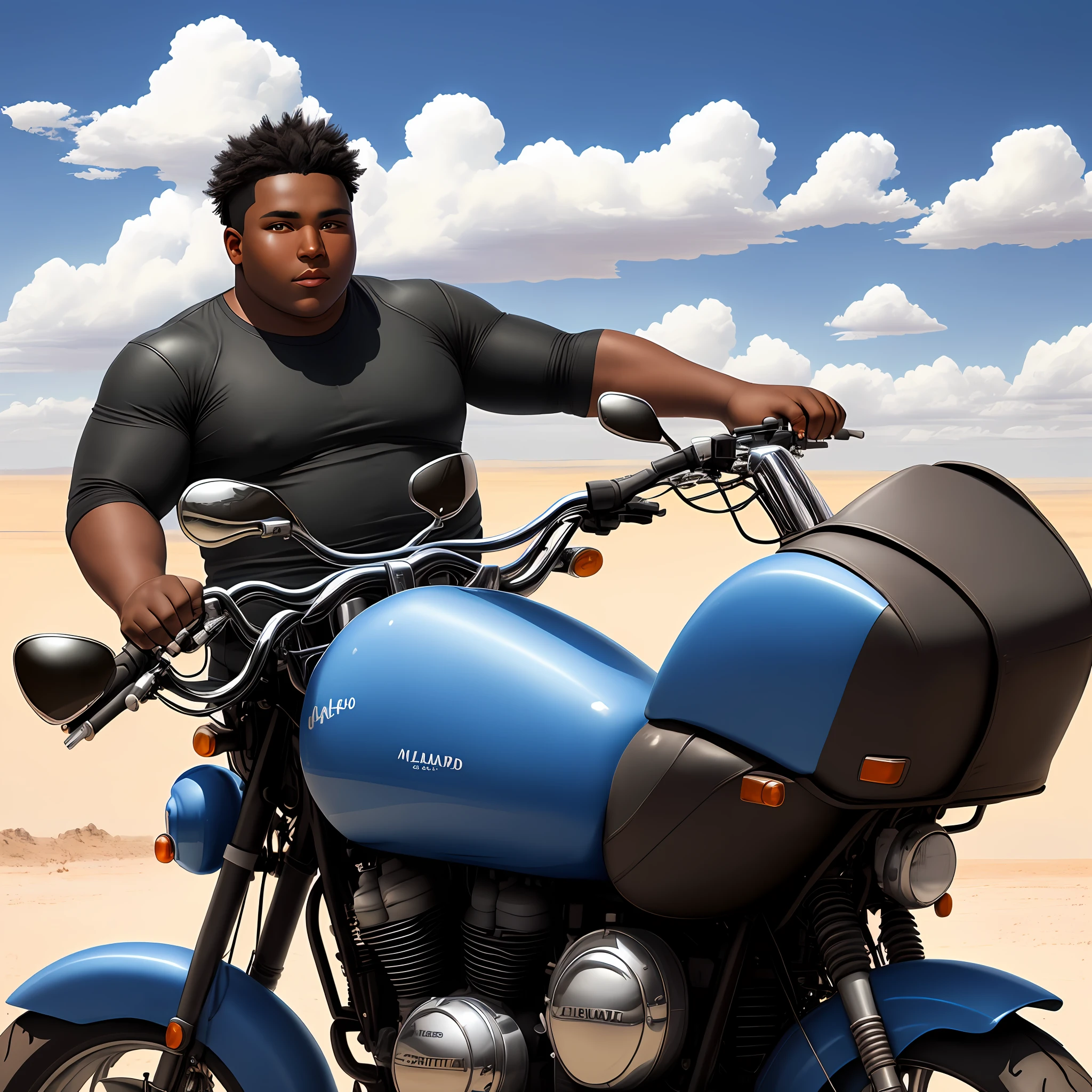 "Portrait, ((200 pounds:0.91), dark complexion), riding a ((motorcycle)), driving on ((steppe)), beautiful blue sky and ((beautiful clouds)))."