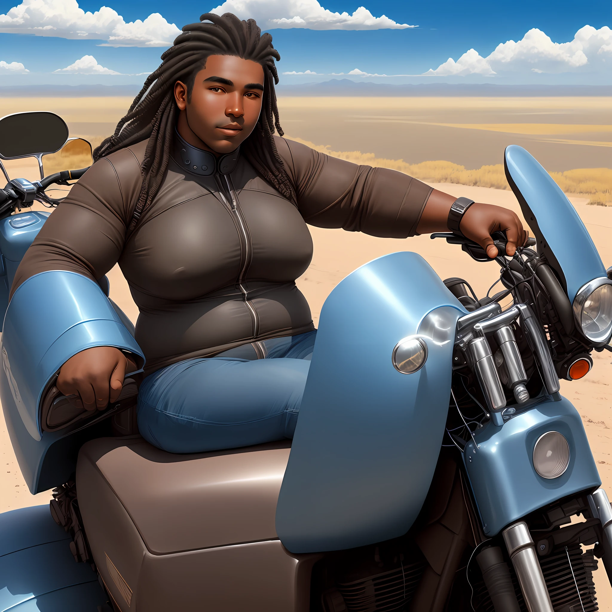 "Portrait, ((200 pounds:0.91), dark complexion), riding a ((motorcycle)), driving on ((steppe)), beautiful blue sky and ((beautiful clouds)))."