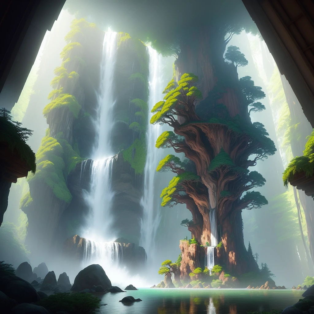 a great waterfall, redwood forest, by Albert bierstadt and Eddie mendoza and studio ghibli, trending on artstation interior of a glass-palace decorated with magical plants + diffused light + perfect geometrical