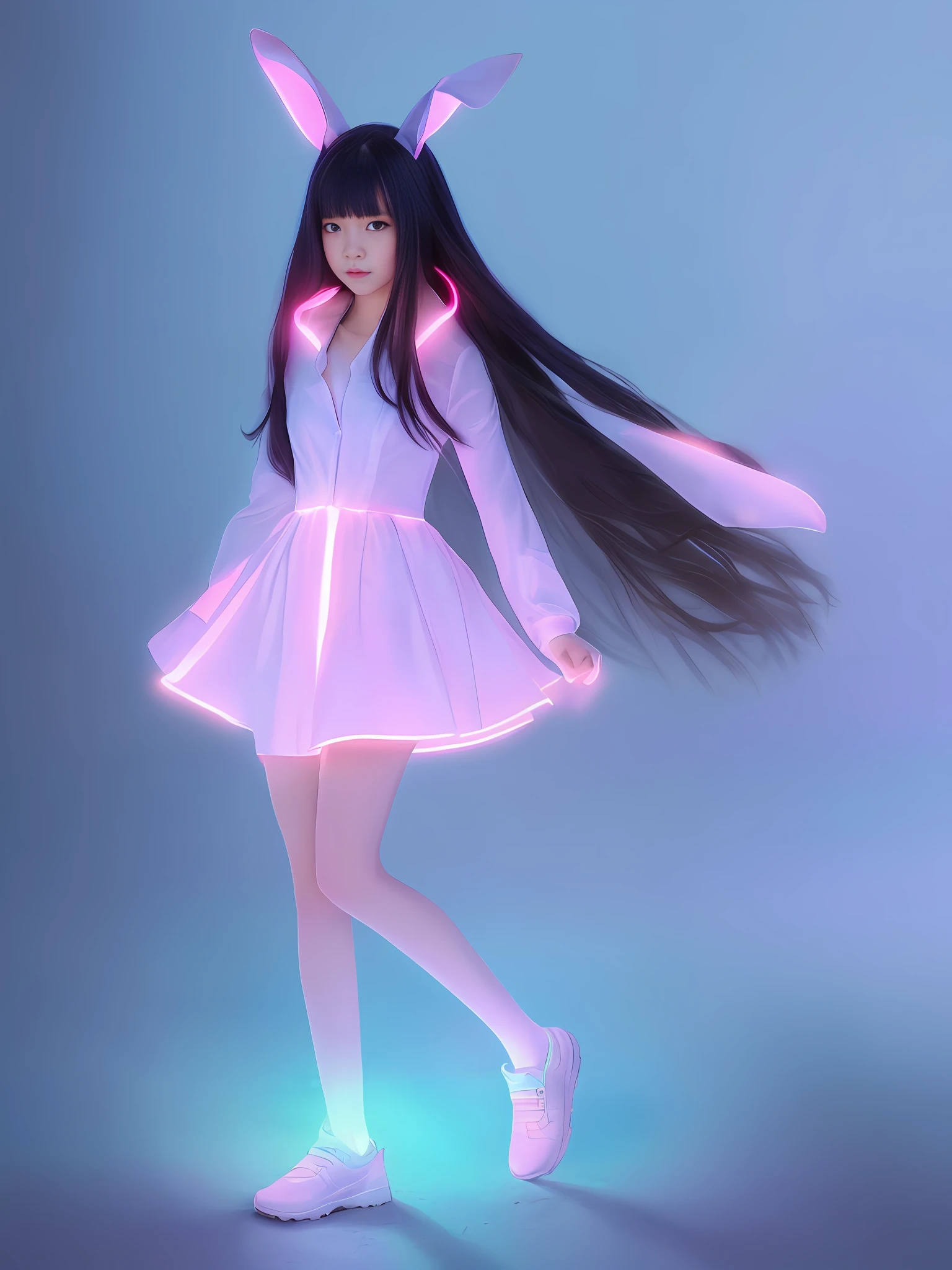 Realistic, high quality, young skinny rabbit face bunny lip girl,
(long black hair), long ears, (bangs: 1.2),
(girl with a bunny face, complex pink dress: 1.3), mischievous, smiling,
(abdomen: 1.3), (abs: 0.95), small breasts, (slender waistline: 1.3),
(natural light), volumetric lighting, minimalist background, bioluminescence, perfect anatomy, (full body, body in view: 1.5)