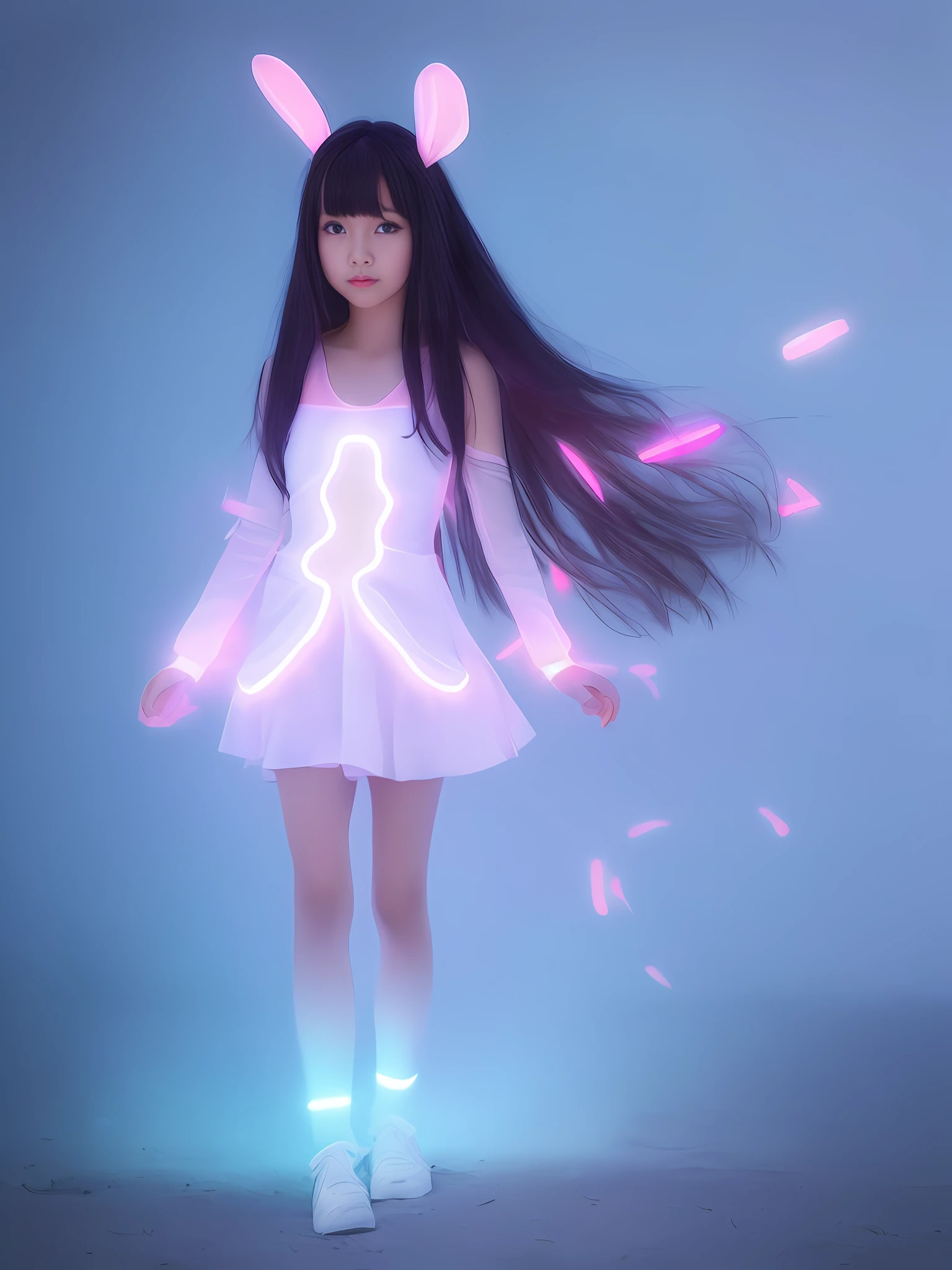 Realistic, high quality, young skinny rabbit face bunny lip girl,
(long black hair), long ears, (bangs: 1.2),
(girl with a bunny face, complex pink dress: 1.3), mischievous, smiling,
(abdomen: 1.3), (abs: 0.95), small breasts, (slender waistline: 1.3),
(natural light), volumetric lighting, minimalist background, bioluminescence, perfect anatomy, (full body, body in view: 1.5)