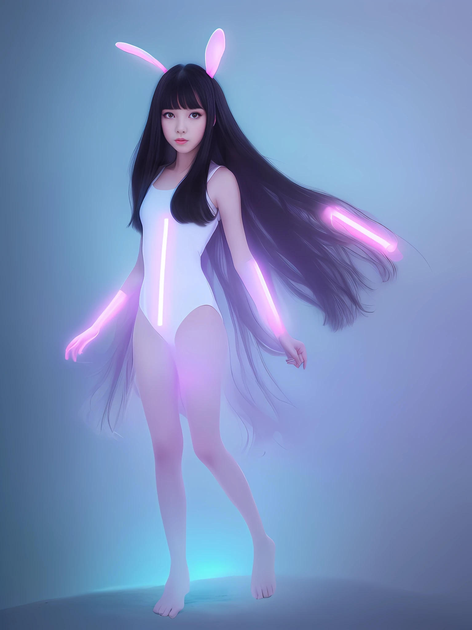 Realistic, high quality, young skinny rabbit face bunny lip girl,
(long black hair), long ears, (bangs: 1.2),
(girl with a bunny face, complex pink dress: 1.3), mischievous, smiling,
(abdomen: 1.3), (abs: 0.95), small breasts, (slender waistline: 1.3),
(natural light), volumetric lighting, minimalist background, bioluminescence, perfect anatomy, (full body, body in view: 1.5)