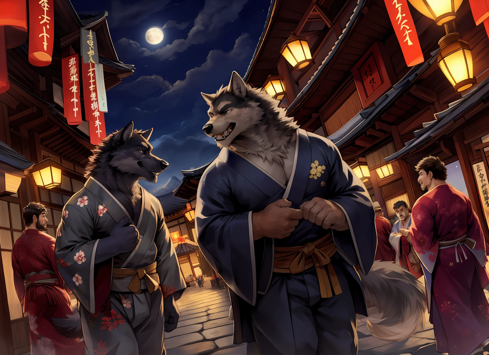 Masterpiece, best quality, (fisheye view), 1 male, kimono, human (wolf), (wolf),black beard, middle-aged, gray body, white belly, muscular, traditional Japanese clothing, Japanese costumes, (open) yukata, majestic, savage, confident, strong, happy smile, japanese night street, dreamy, bright architecture, lively atmosphere, evening, lanterns, festive atmosphere,full moon, outdoors,( depth of field), beautiful and anesthetic, mountain, delicate eyes, delicate canine teeth, correct anatomy, correct hands, HD, Dimm, Dark, Shadow, Light to Dark, Cinematic, Dramatic Light, Wide Dynamic Range, HDR, Low Light: 1.2, by Pino Daeni, (Ruaidri), by virtyalfobo