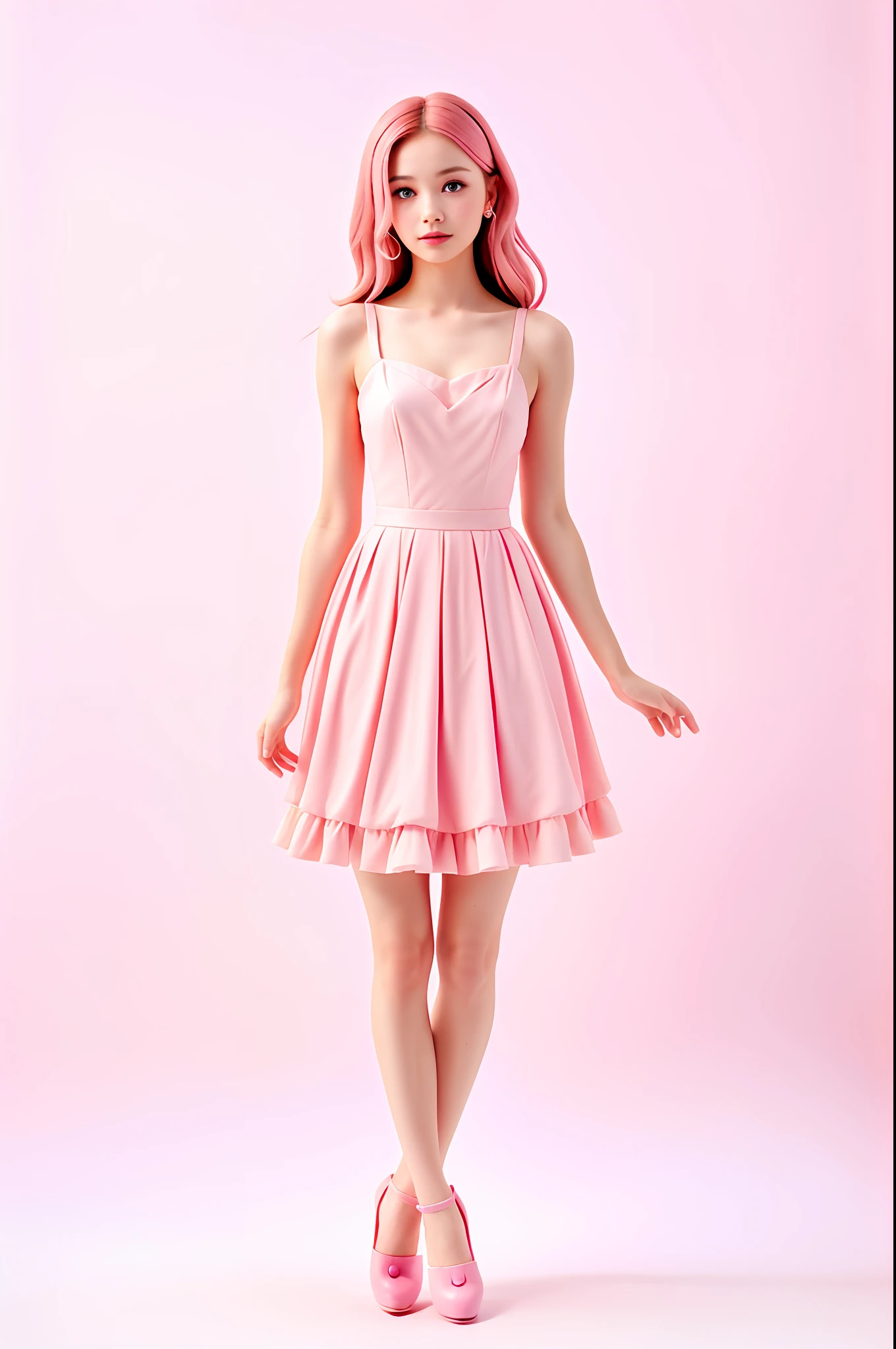 a woman in a pink dress is posing for a picture, wearing a pink dress, feminine in cute pastel shades, zido, light pink, pastel pink, light blush, wearing a cocktail dress, feminine girly dress, with soft pink colors, pink dress, wearing ivory colour dress, flirty, simple cream dress, frock, full length view