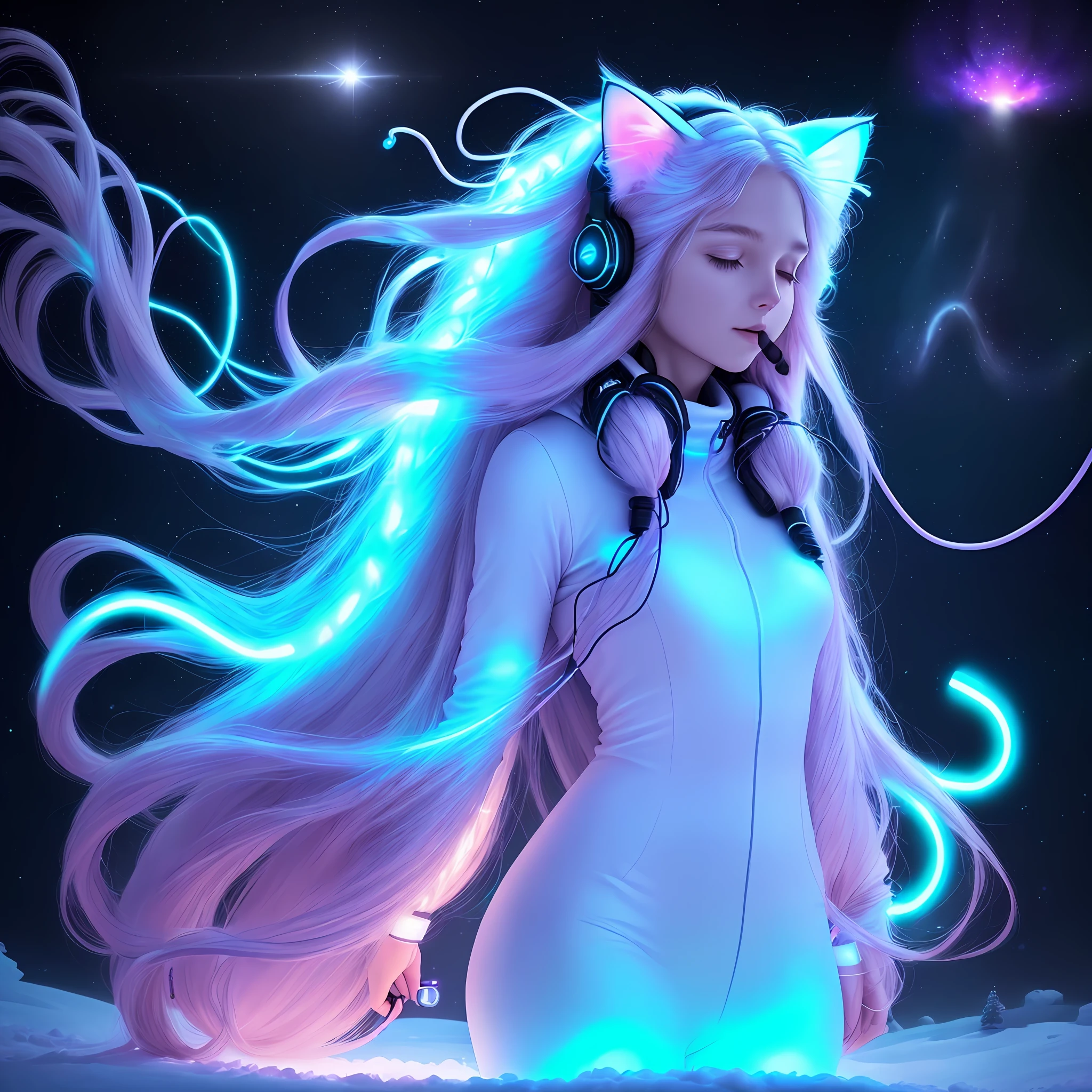 ((full body shot)) ((Woman)) wearing(( earphones)),(( so long hair volume glowing)) , (( Winter Sleep Suitcat)), ((body spot )),floating in space, Fluffy , Serenity, , dreamy glow, glowing neon, blacklight, chemiluminescence