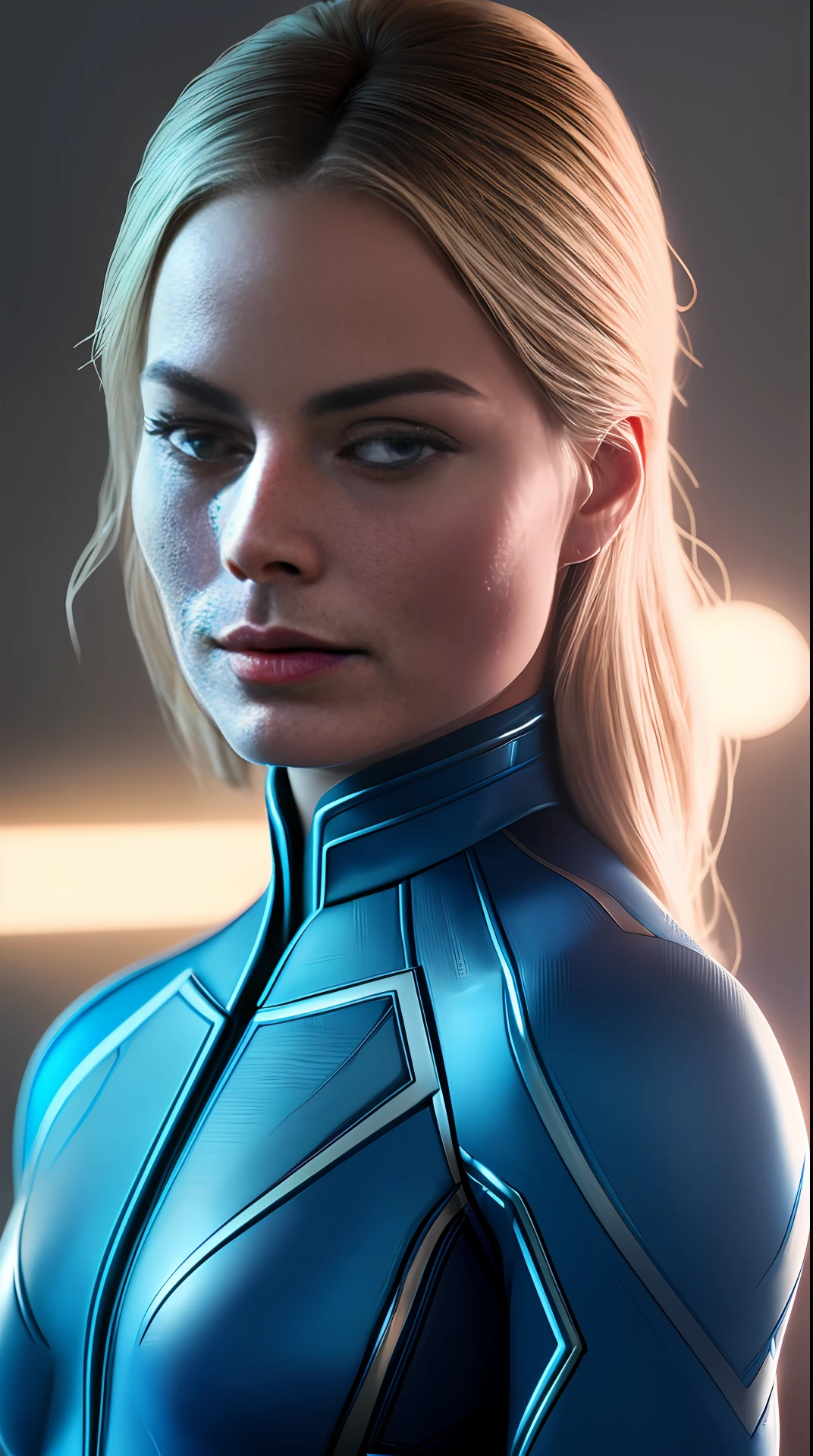 Cinematic soft lighting illuminates a stunningly detailed and ultra-realistic Margot Robbie Invisible Woman of the Fantastic Four, blue uniform that is trending on ArtStation. Octane is the perfect tool to capture the softest details of this 16k photography masterpiece
