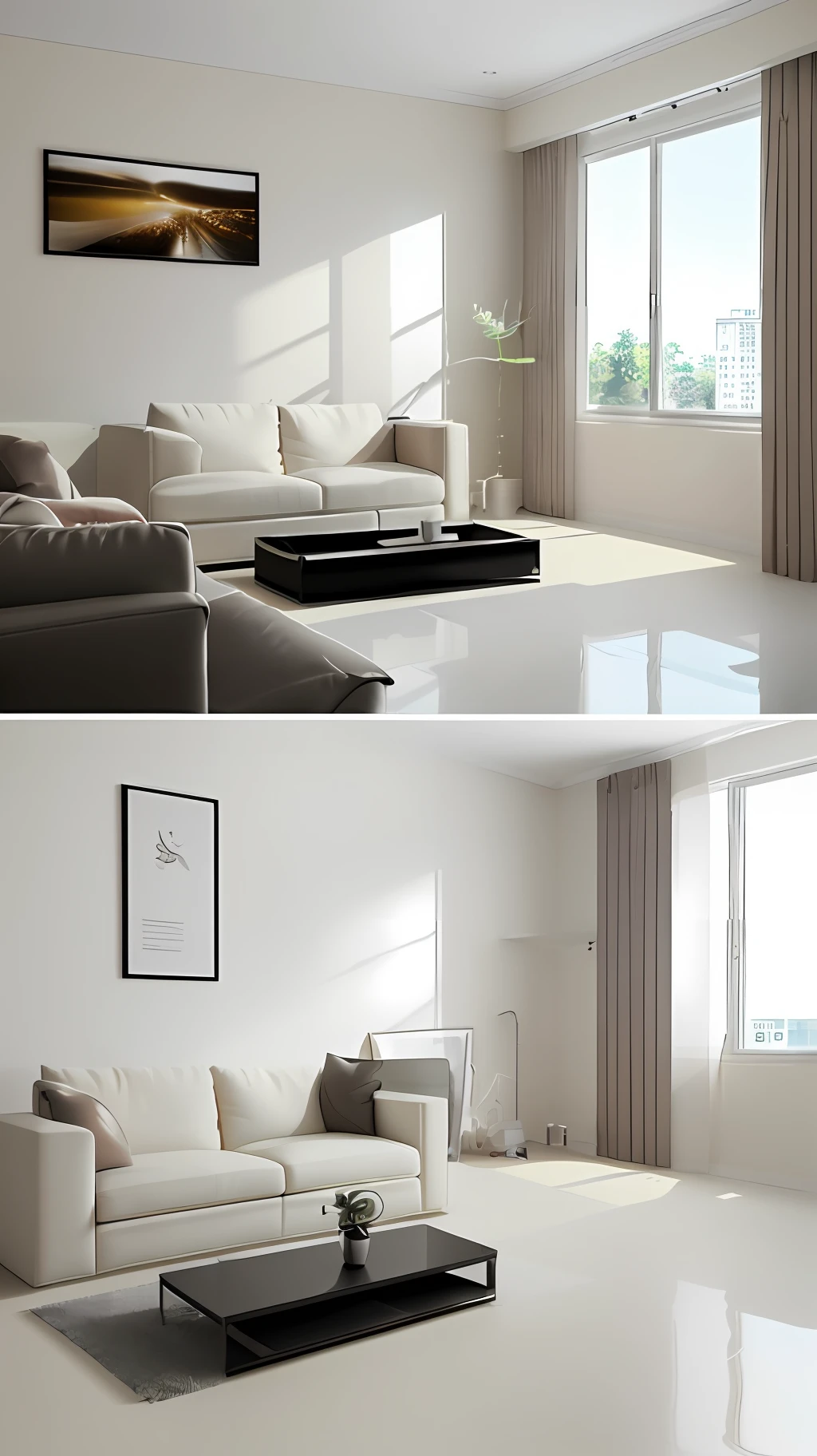 Living room with a small white cabinet, photorealistic rendering, photorealistic rendering, cream colored room, semi-photorealistic rendering, high quality 3d rendering, high quality 3d rendering, ultra realistic rendering, very realistic 3d rendering, ultra realistic rendering, realistic 3d rendering, realistic 3d rendering, ultra realistic rendering side view