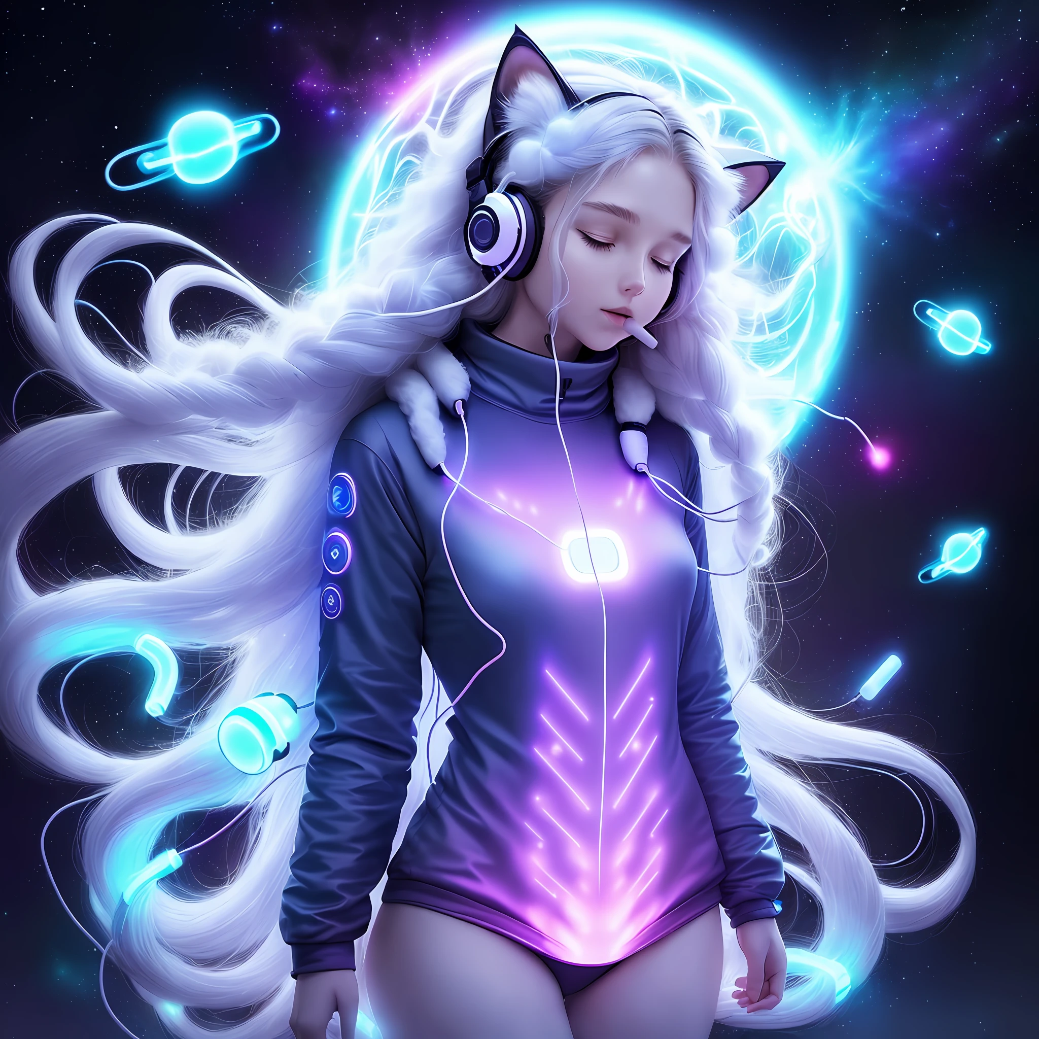 ((full body shot)) ((Woman)) wearing(( earphones)),(( so long hair volume glowing)) , (( Winter Sleep Suitcat)), ((body spot )),floating in space, Fluffy , Serenity, , dreamy glow, glowing neon, blacklight, chemiluminescence