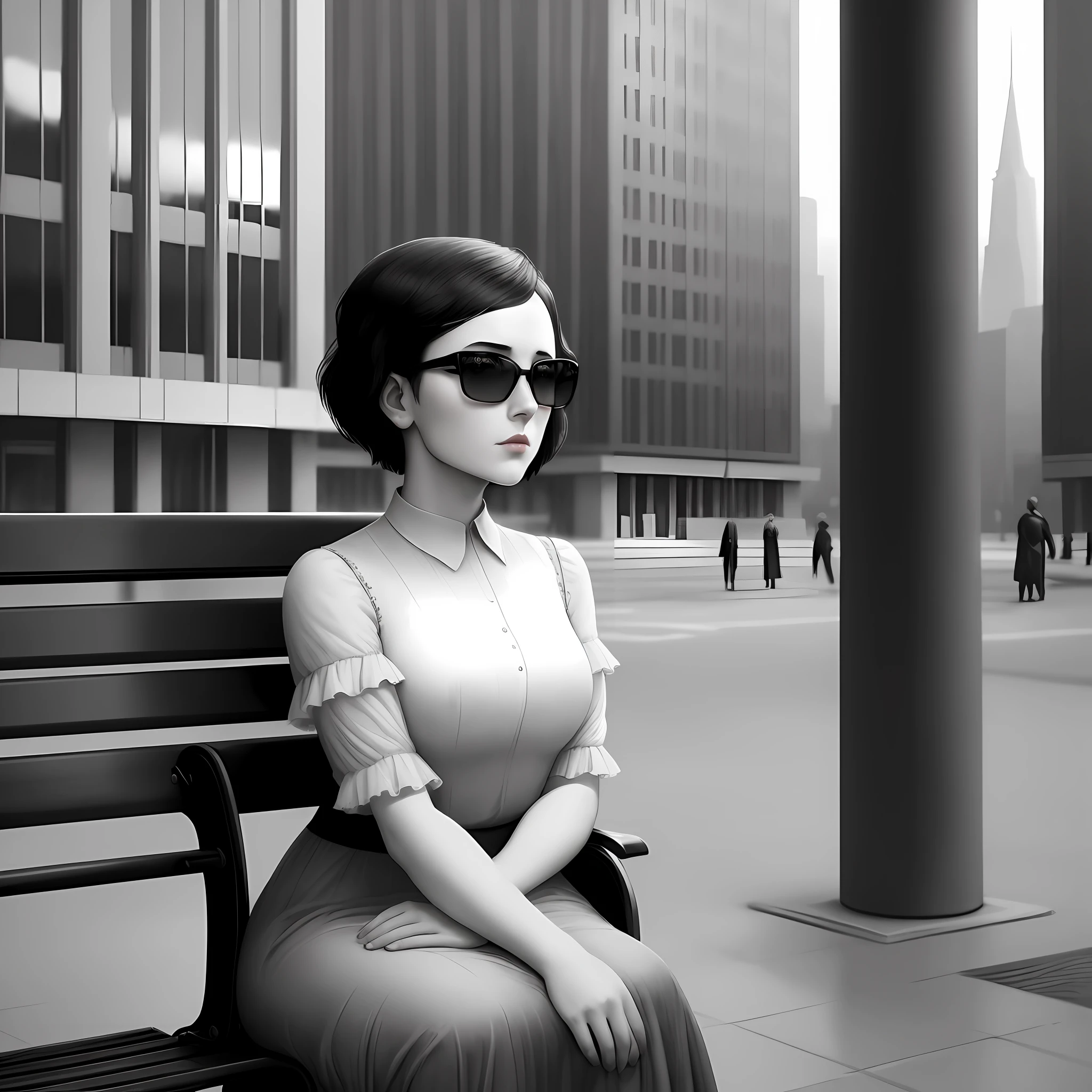 A woman with short hair, long dress, wearing sunglasses, sitting alone, lonely, on a square bench, lonely and sad, melancholy, noir style, art deco, soviet art, buildings in the background, photorealistic painting, sharp focus, 8k, perfect composition, trend in artstation, award-winning photography, unreal engine 5, cinematic smooth, intricate detail,(realistic eyes), (perfect hands)