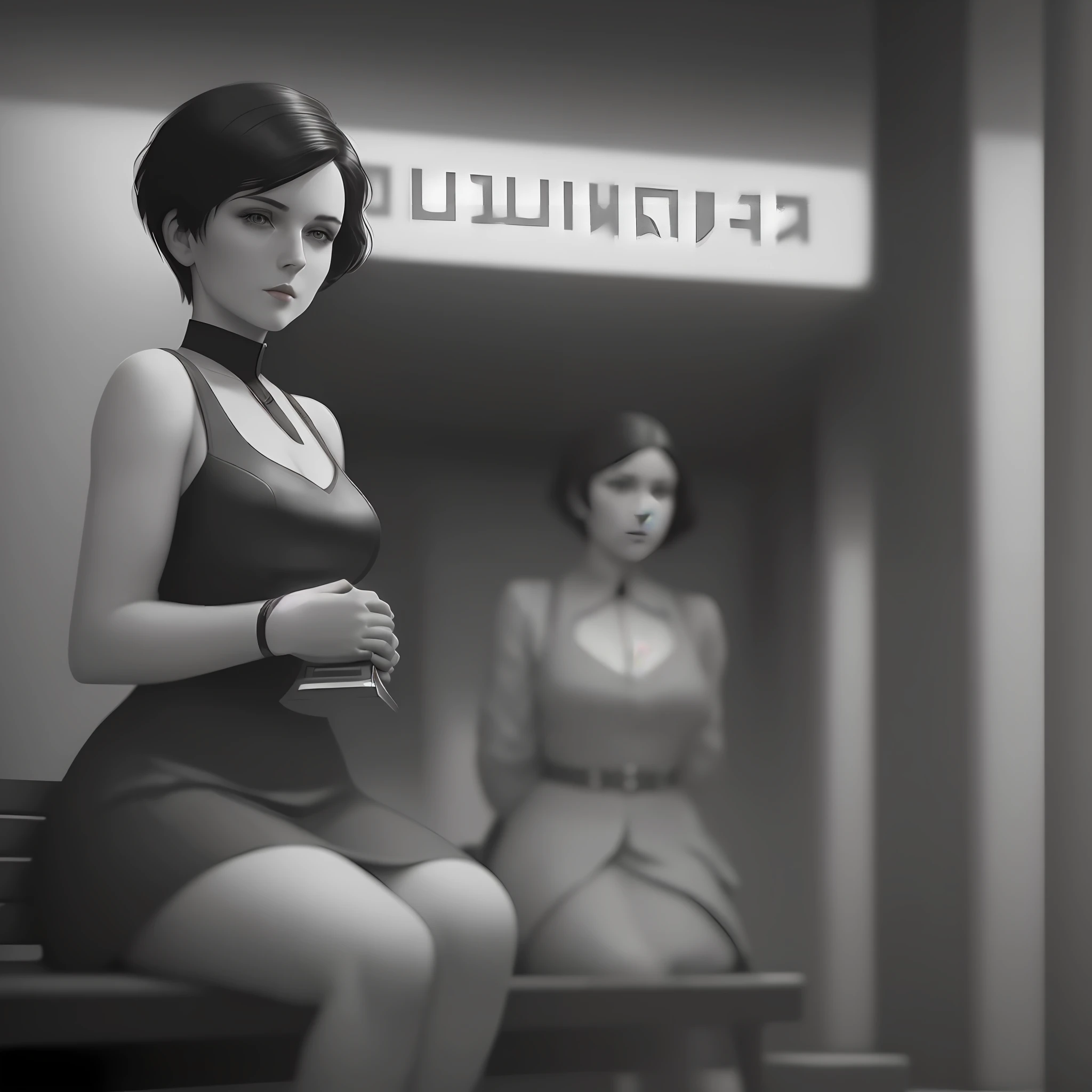 A Woman with short hair, sitting on a square bench, lonely and sad, (1girl) hanging low, noir style, art deco, soviet art. photorealistic painting, sharp focus, 8k, perfect composition, trend in artstation, award-winning photography, unreal engine 5, smooth cinematic, intricate detail,(realistic eyes), (perfect hands)