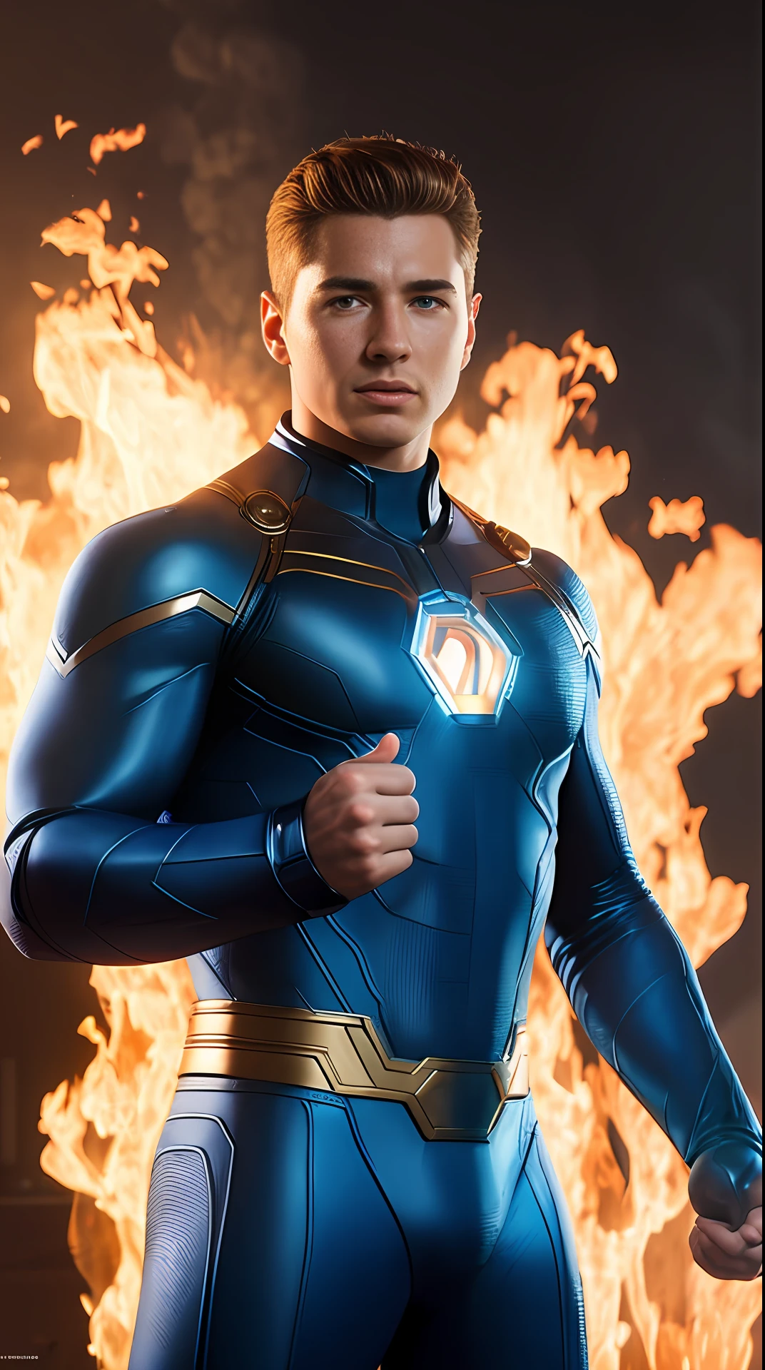 Cinematic soft lighting illuminates a stunningly detailed and ultra-realistic Paul Mescal is Human Torch of the Fantastic Four , blue uniform, that is trending on ArtStation. Octane is the perfect tool to capture the softest details of this 16k photography masterpiece