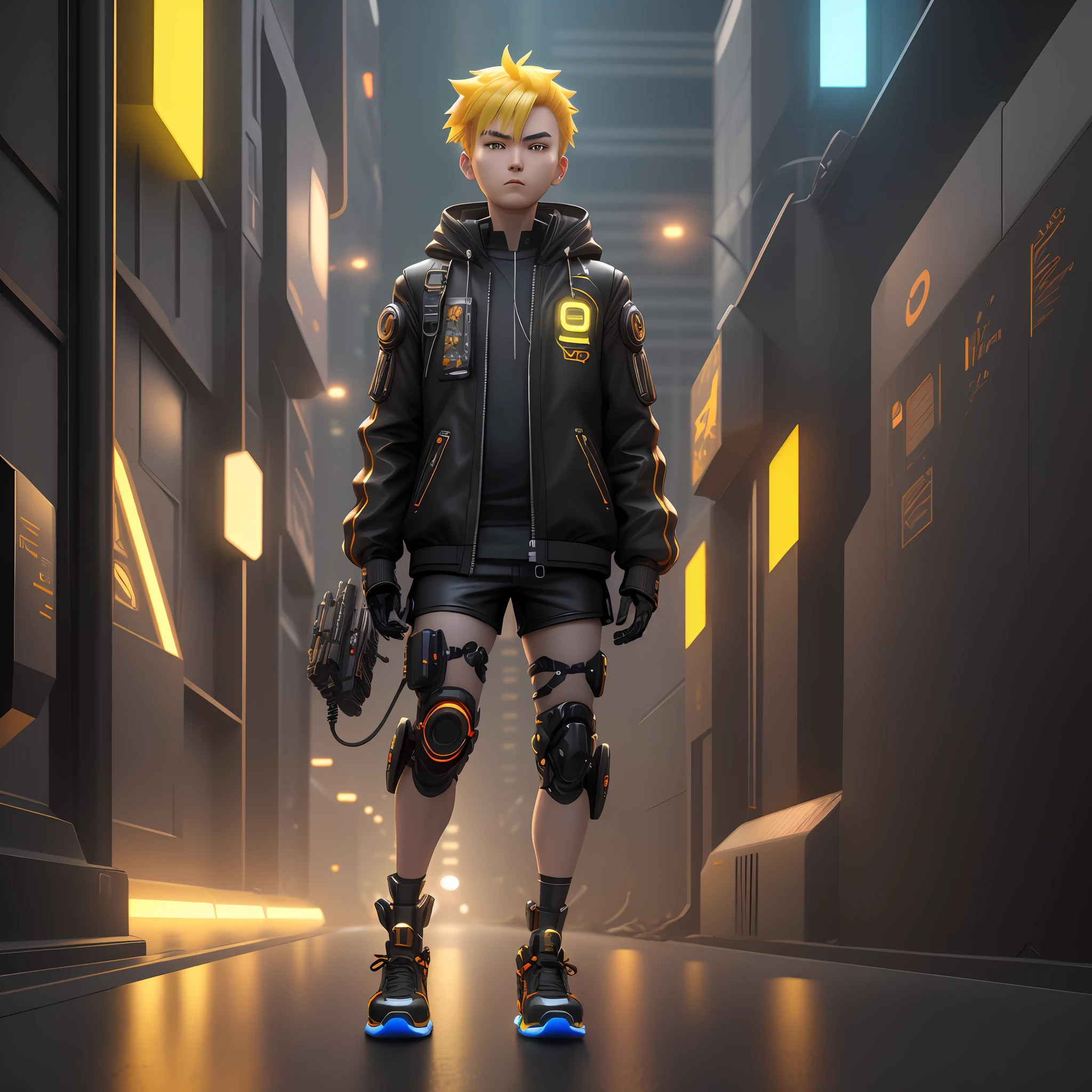 mechanicalcyborg,chibiboy,resinmockup, complex details, looking at viewer,bored pose, full body, black background，super trendy, with yellow hair, boredface, robotic arms, holding black mecha guns,wearing black bullet proof jacket, and blackorange nike functional shoes, neon light lineson jacket shorts and shoes, fine luster, claymaterial,popmart style,cyberpunk,ip bypopmart, mockup blind box,studio light, front view,3drendering, c4d, octane render, blender, hyperquality, ultra hd, ultra high detail, 8k --q 2 --niji 5