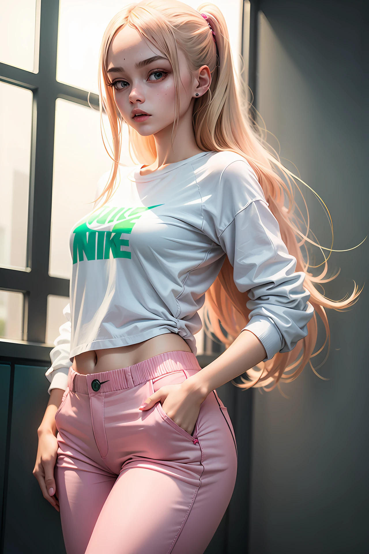 1girl, she wearing white shirt and pink pants, casual clothes, wearing green nike sneakers, 22 years old, scary face, adult face, 4k style, realistic, crowded, long blonde hair