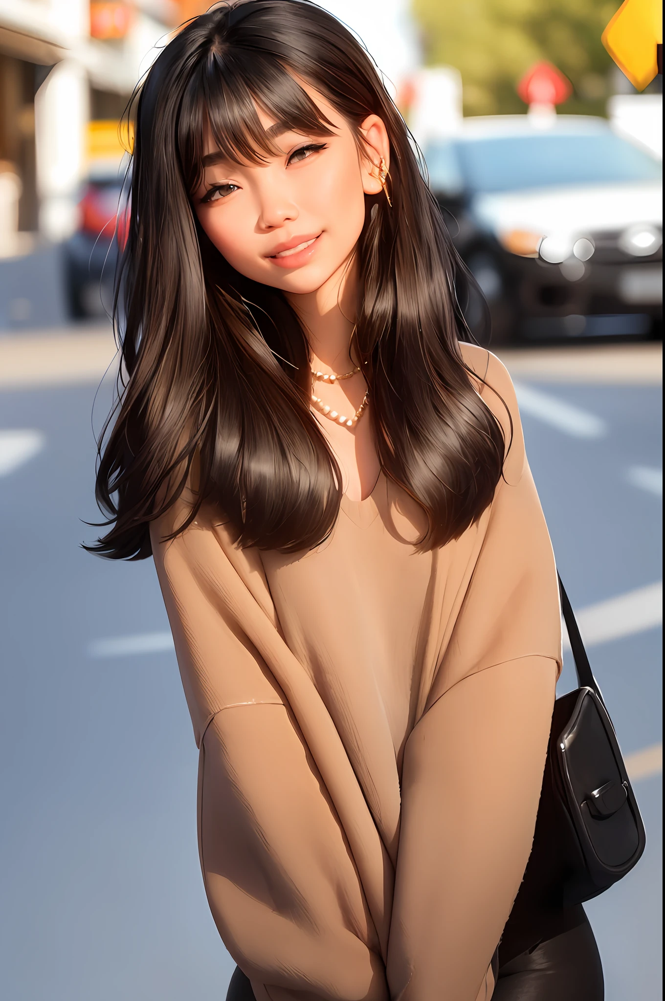 sam yang,
1girl, bangs, black hair, black shirt, blurry, blurry background, bokeh, brown eyes, brown hair, closed mouth, day, depth of field, hair ween eyes, half-closed eyes, head tilt, jewelry, lips, long hair, long sleeves, looking at viewer, multicolored hair, necklace, nose, outdoors, shirt, smile, solo, thick eyebrows, two-tone hair, upper body
, ((masterpiece))