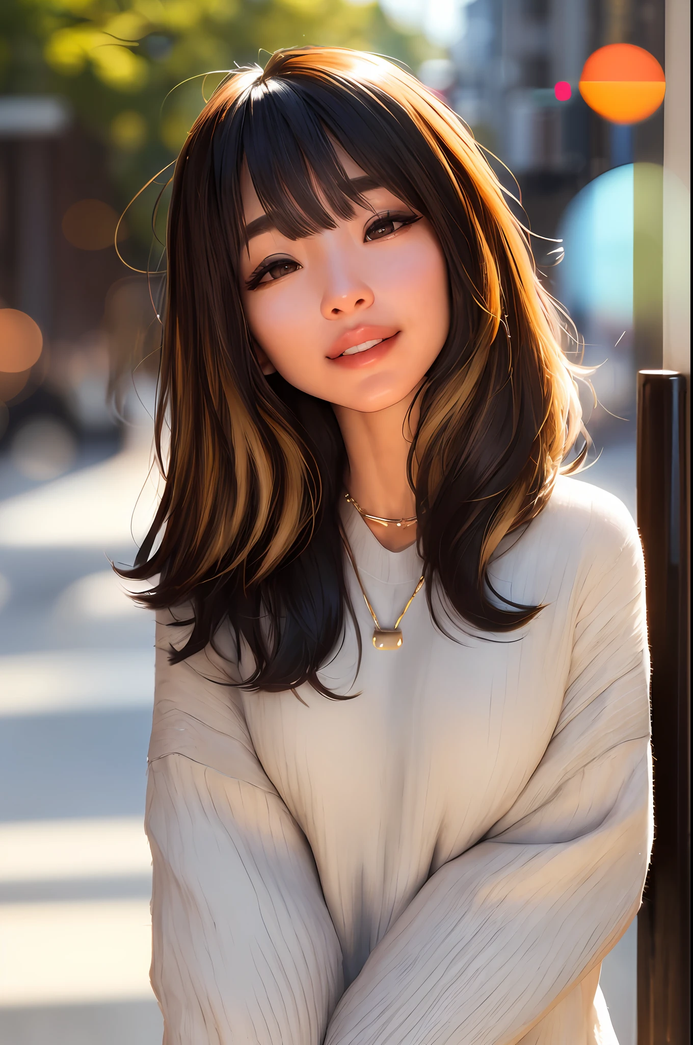 sam yang,

1girl, bangs, black hair, black shirt, blurry, blurry background, bokeh, brown eyes, brown hair, closed mouth, day, depth of field, hair between eyes, half-closed eyes, head tilt, jewelry, lips, long hair, long sleeves, looking at viewer, multicolored hair, necklace, nose, outdoors, shirt, smile, solo, thick eyebrows, two-tone hair, upper body

, ((masterpiece))