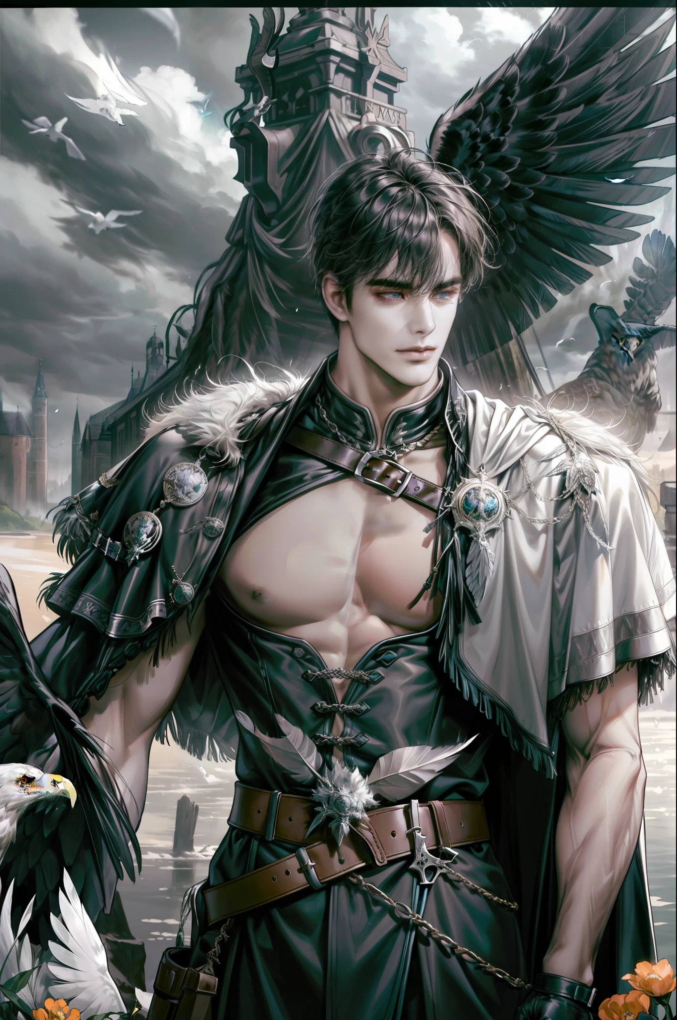 (absurdres, highres, ultra detailed), big body,1 male, adult, handsome, tall muscular guy, broad shoulders, Very detailed eyes,yellow skin,finely detailed eyes,  looking down, solo, detailed background, detailed face, falconer, eagle resting on shoulder, falconer gloves, light smile,  medieval fantasy setting, Dark cloudy sky, high fantasy, gray  leather clothes, capelet,    straps, belt, serene forest, bushes,    river,      flowers, birds, feathers,   crossbow,  mist,, (dutch angle), closed mouth, full boby, Loose shirt, topless, white belly, bulging underwear,Behind the back is a demon,