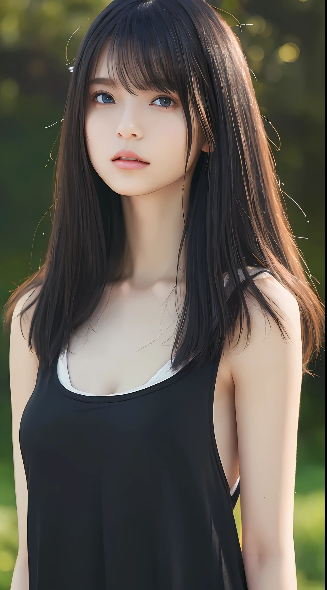 ((Best Quality, 8k, Masterpiece: 1.3)), Full Body, Focus Clear: 1.2, Outstanding Style: 1.4, Slender Abs: 1.2, ((Black Hair, Big: 1.2)), Black Tank Top, Highly Detailed Face and Skin Texture, Detailed Eyes, Double Eyelids