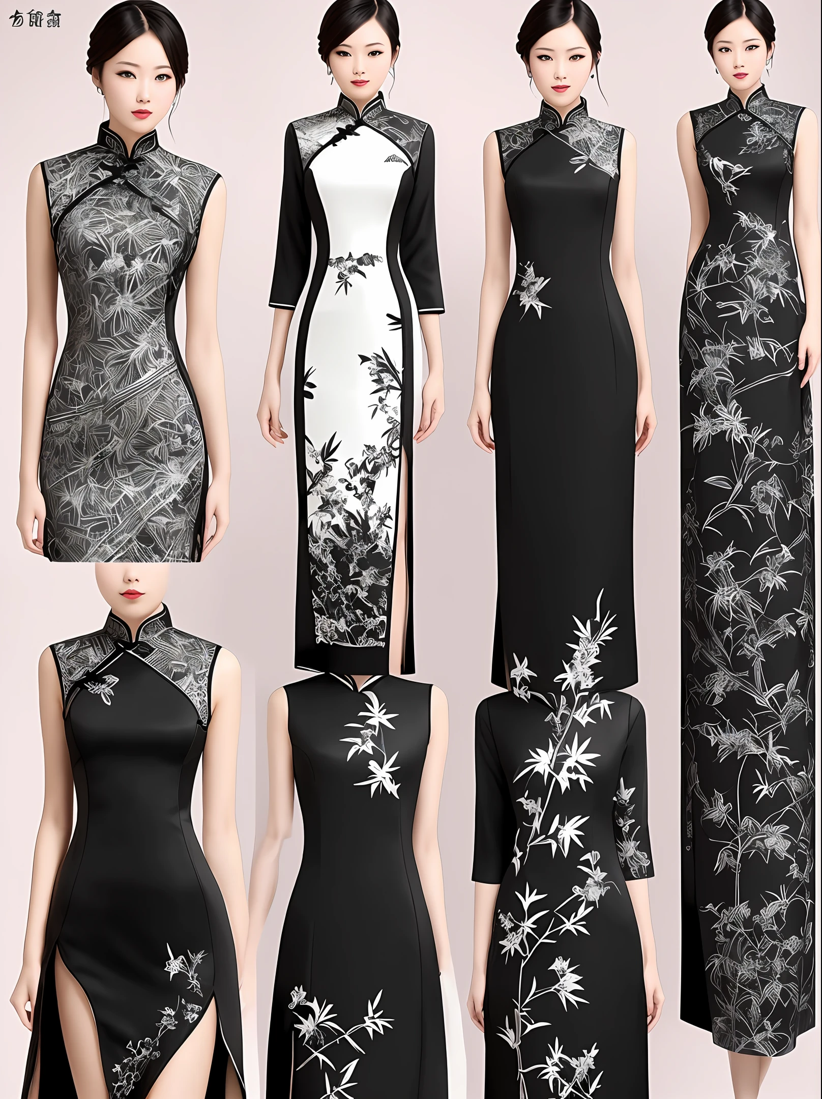 Design ink bamboo elements combined with modern women's dresses. Ink bamboo is black and white printed on clothing. Black has a variety of shades of shades. The base color of the garment can be played arbitrarily. New materials such as fish bones should be used in the design of the dress. Avant-garde Exaggerated. There is a sense of design. Modernization. Don't use traditional cheongsam designs.