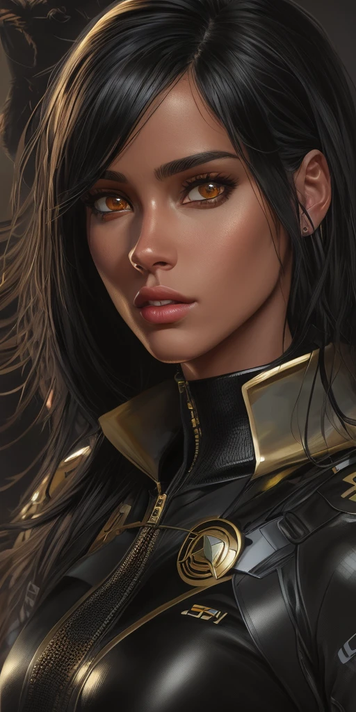 krystal vee + suyane moreira, black hair, very dark (no bright) green skintight spy soldier outfit, portrait, native american skin hue, mignon body, hyper realistic, photorealistic, fine high details, cinematic, dynamic pose, realistic round eyes, tone mapped, intricate, elegant, digital painting, artstation, concept art, smooth, sharp focus, illustration, art by greg horn, 4k, 8k