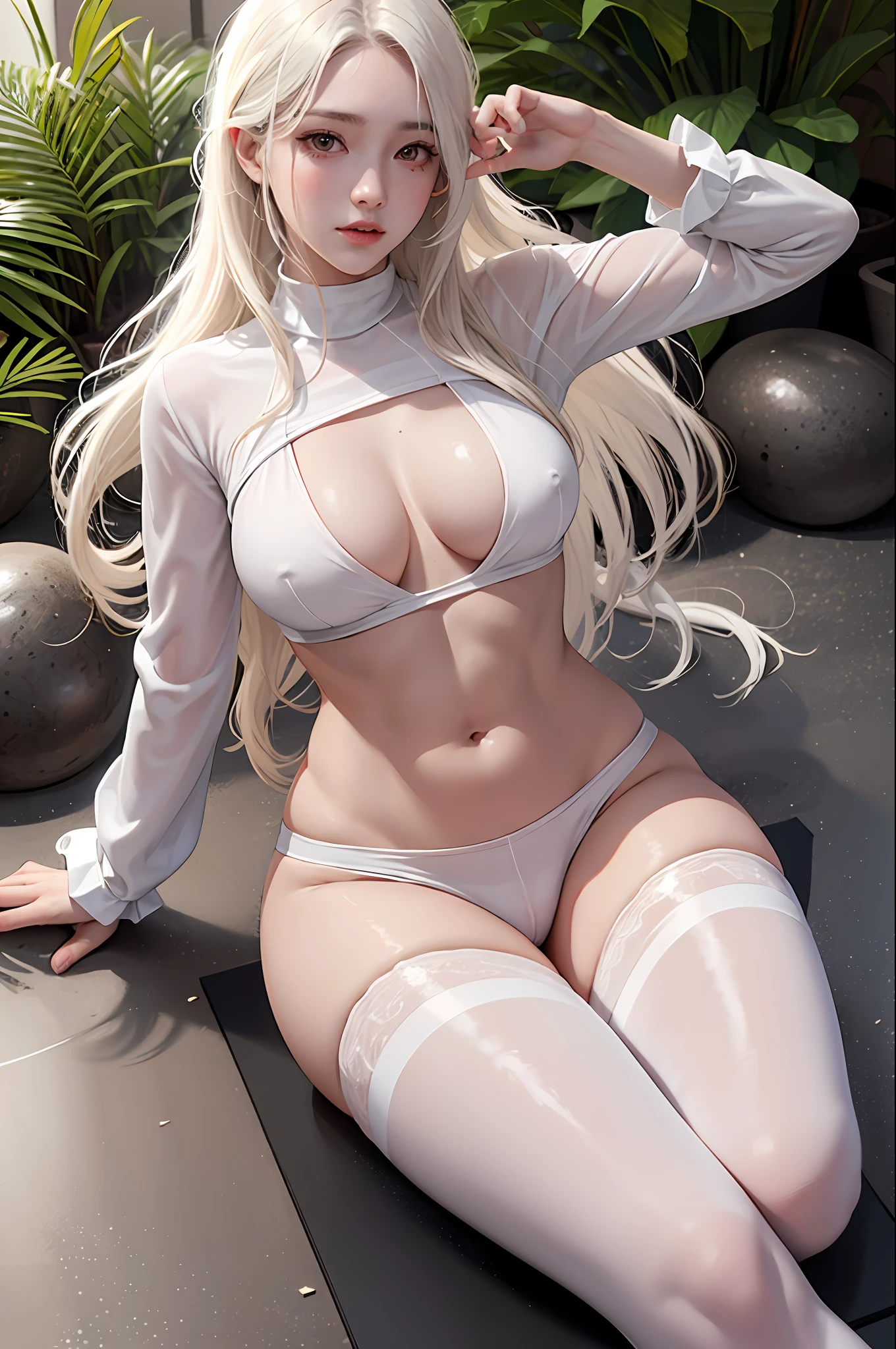 Realistic, high resolution, 1 girl, white wavy hair, Korean, heterochrome eyes, small moles under the eyes, loose white shirt, yoga pants, big breasts, long legs, tight abs, camel toes, full-length, sexy pose