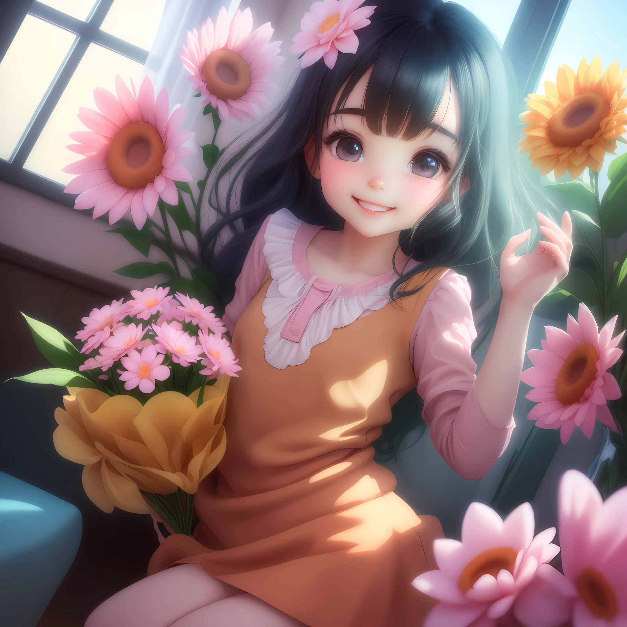 A 3d cute cartoon girl holding 3d flowers, is looking at the flowers in the window in Disney animation style, soft light, warm sunlight, tiago hoisel, 32k uhd, yanjun cheng, alex hirsch, close up, cheerful colors --ar 105:134 --s 750 --style expressive --s 400 --style expressive