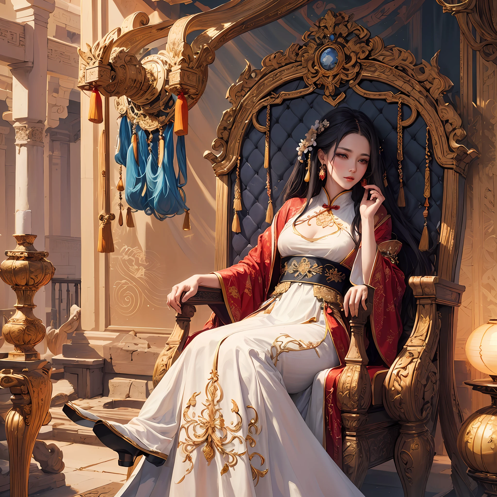A woman in a long dress, palace, sitting on a luxurious chair with hands on her cheeks, dressed in Hanfu, beautiful figure painting, beautiful digital artwork, fantasy art style, beautiful fantasy art, Chinese fantasy, Rostland 8 K, beautiful face