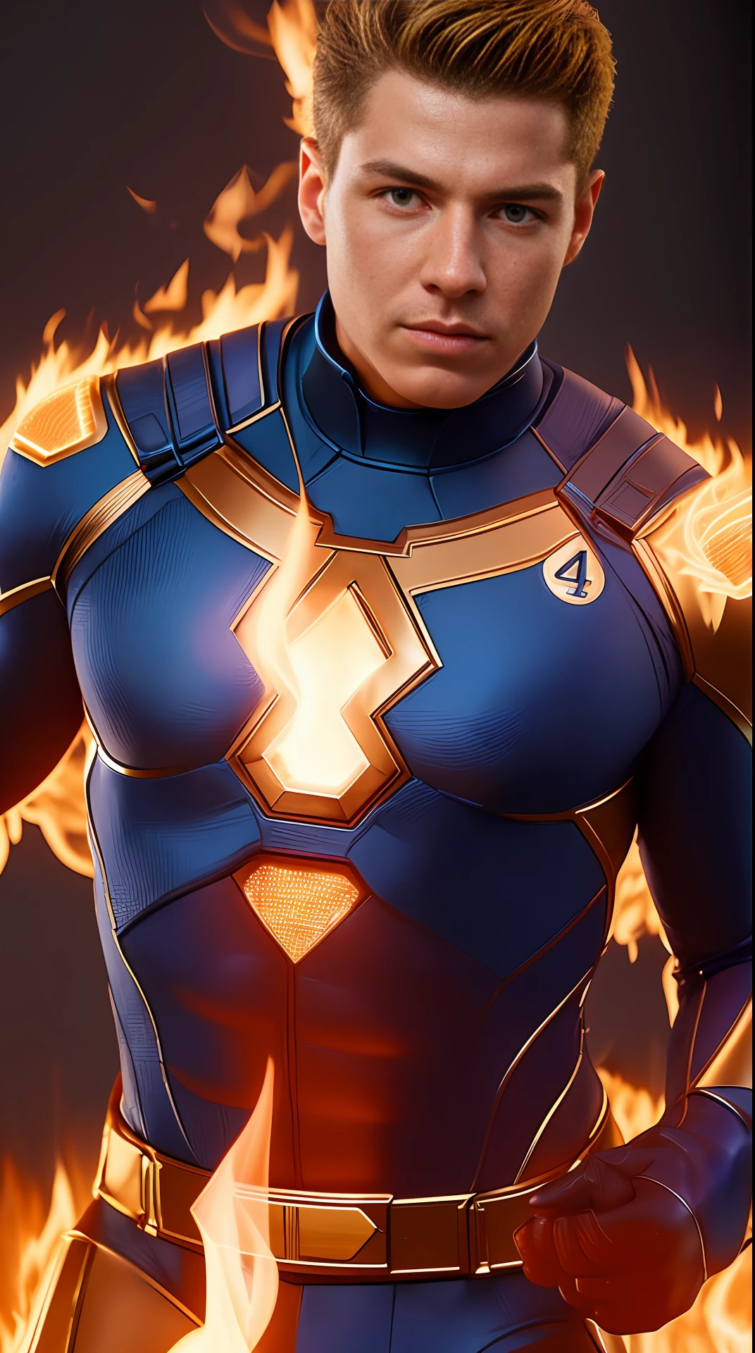 Cinematic soft lighting illuminates a stunningly detailed and ultra-realistic Paul Mescal is Human Torch of the Fantastic Four , blue uniform, that is trending on ArtStation. Octane is the perfect tool to capture the softest details of this 16k photography masterpiece