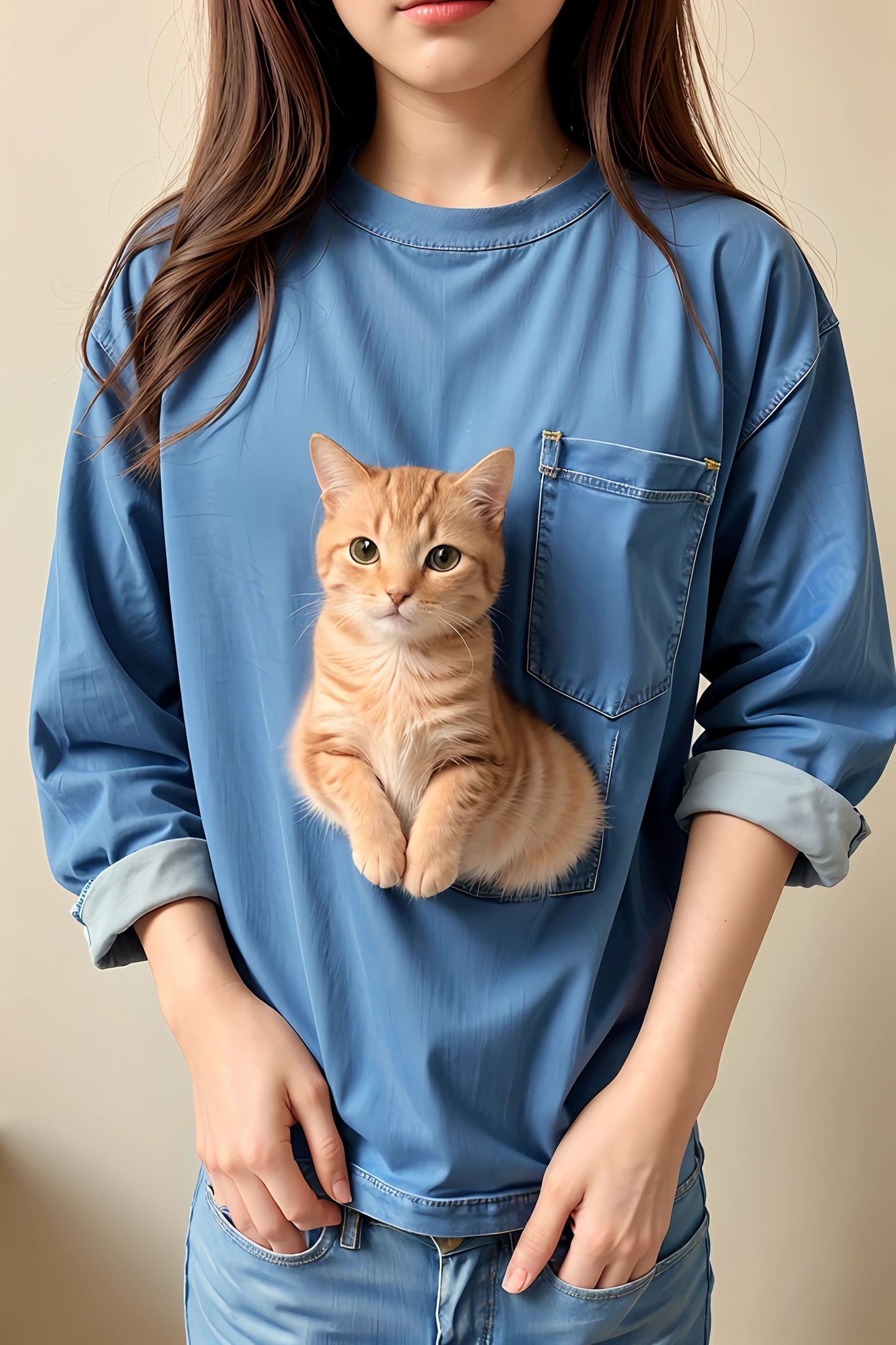 Women's clothing, cute cat, t-shirt, one pocket, denim, Korean version