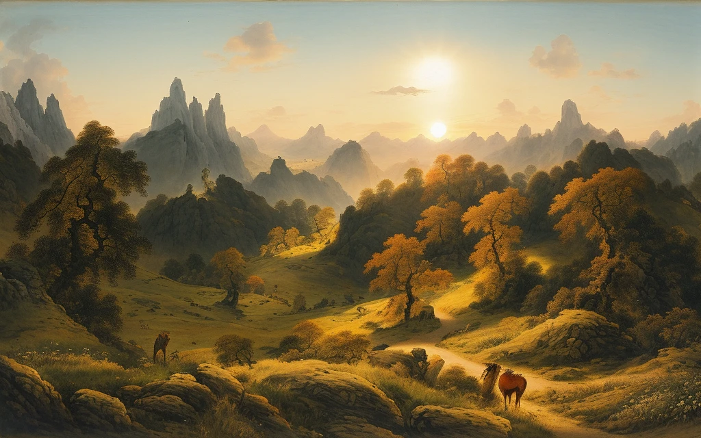 Aalfid landscape of Jakob Gauermann's grassy hills, high-quality images, summer environment, summer evenings