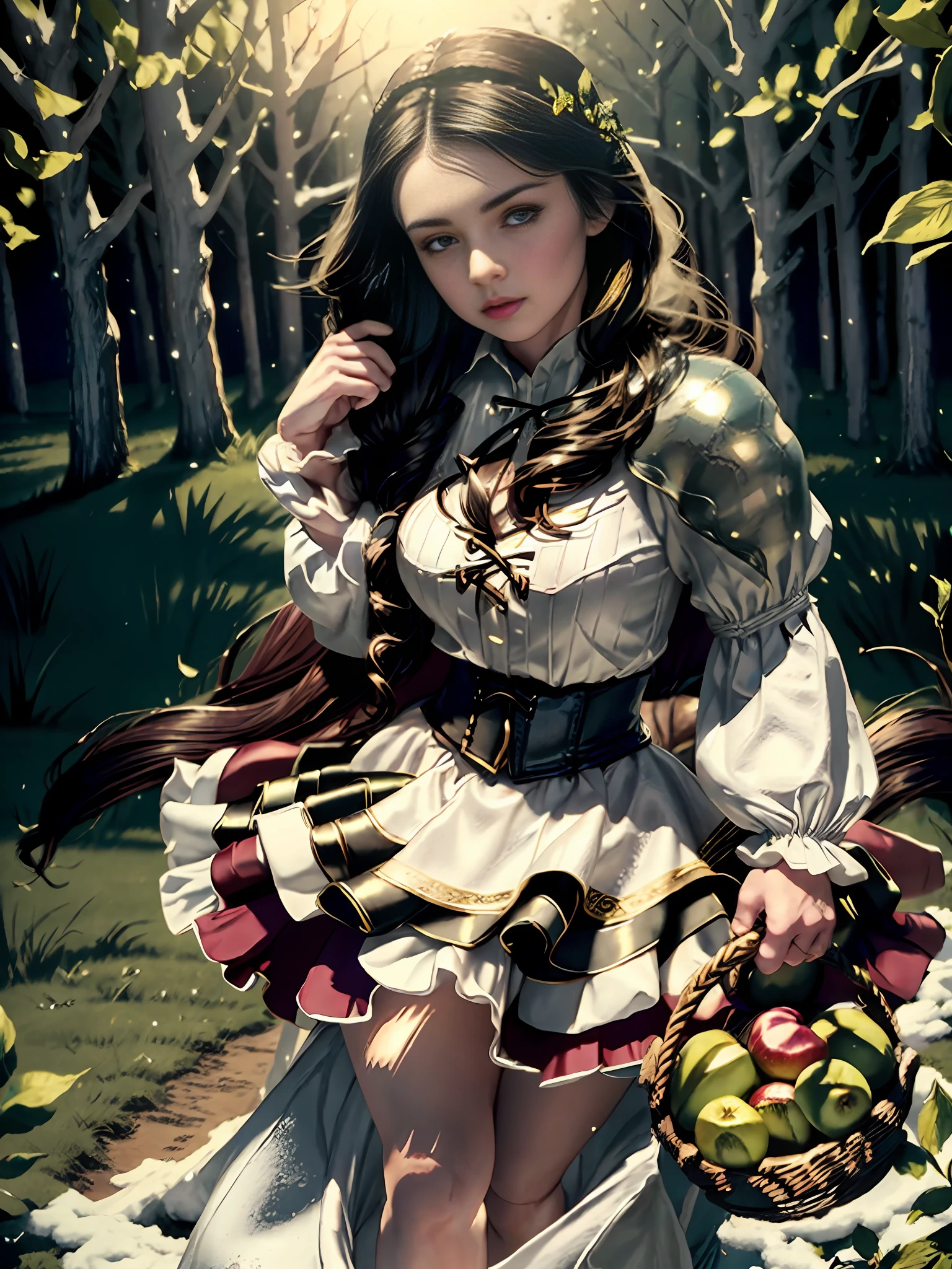 extremely beautiful snow white, subtle makeup, golden hour, photorealistic, high contrast, 8k HD, detailed, hyper-detailed, realistic skin texture, large breast, best quality, ultra high res, raw photo, dramatic lighting, unreal engine, diffuse glow, blue puffy sleeves top , yellow skirt, holding a toxic green poison apple, realistic detailed castle, fair maiden, romance, magic and witches, dark tales