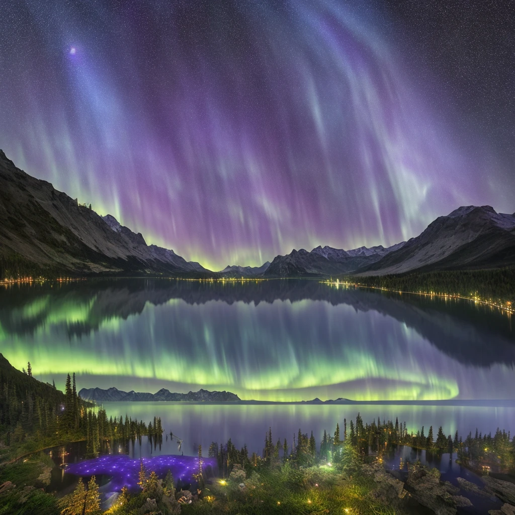 In the night sky, stars shine on the smooth lake. There is a purple blue rose in the water. Aurora, fairy light, stars, twinkling stars, wide lake, starry sky, Michael James Smith's matte painting, CG rendering, volumetric
