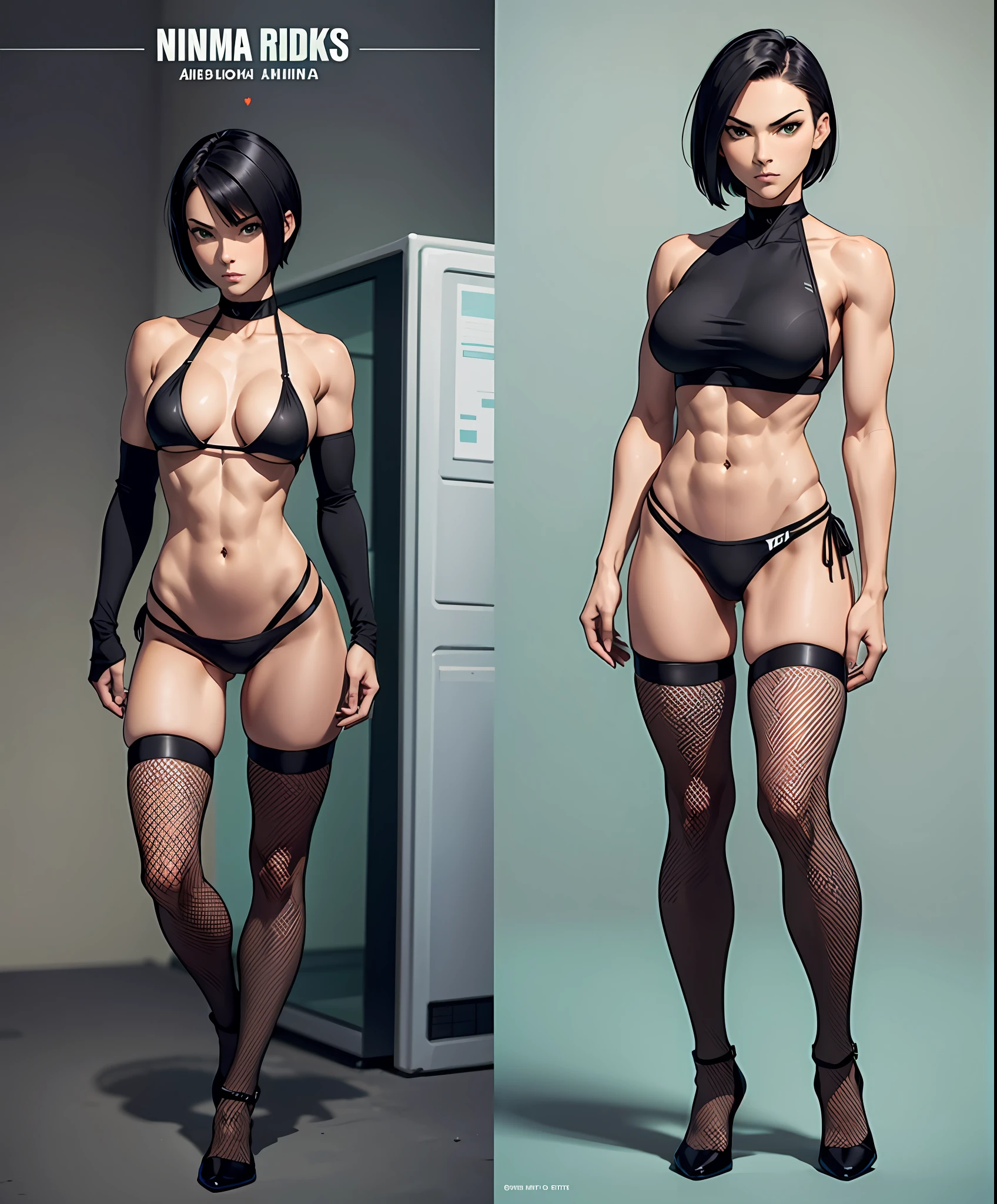 a ninja , pretty face, serious face, short hair, green eyes, perfect body, fit body, abdomen, big breasts, muscular, small black thong, fishnets stockings, small bikini