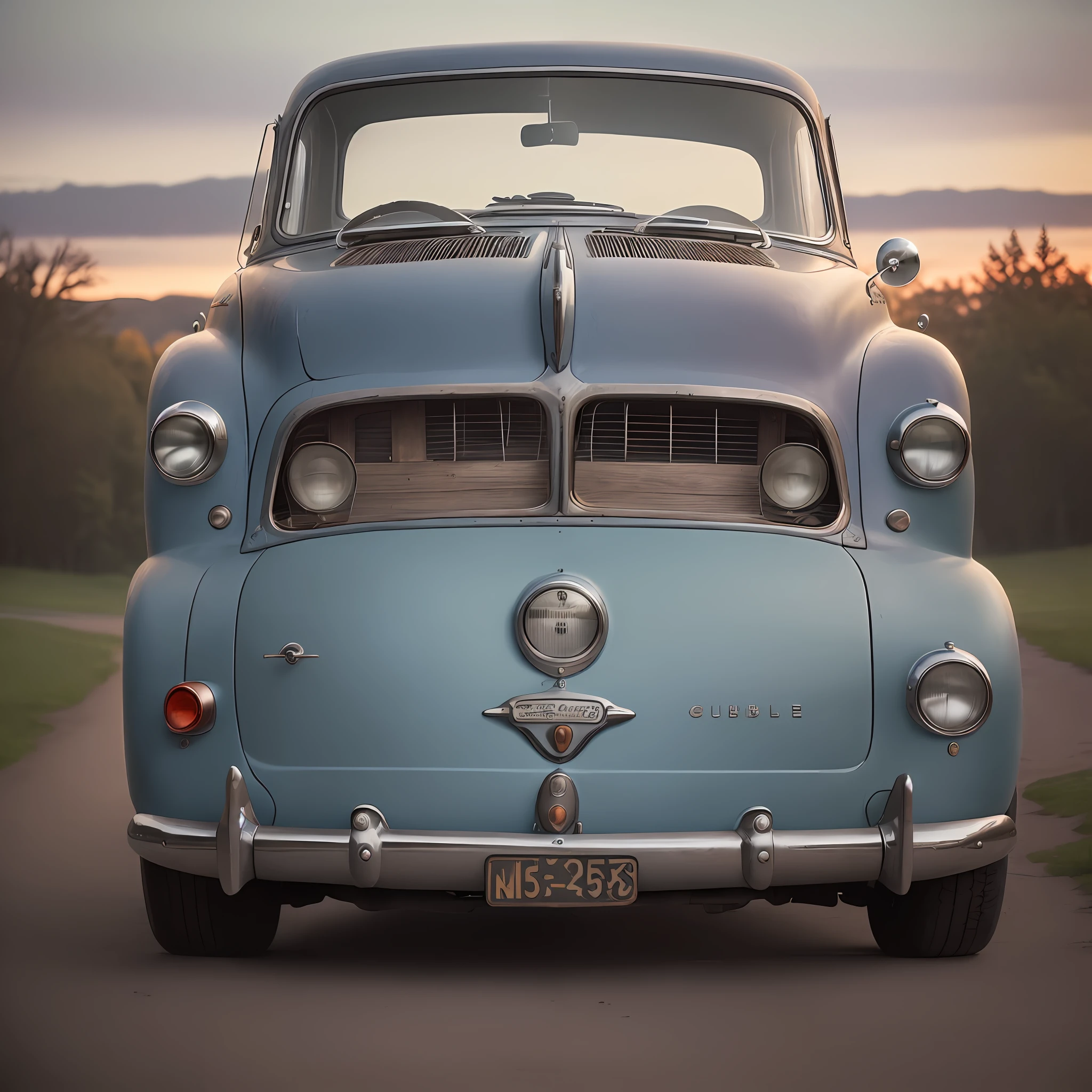 ((Aging photography look)), Classic Car, Studebaker Champion 1951, Rustic road, ((Twilight atmosphere)) color BLUE, câmera hasselblad, Lens 45 mm, film kodacrome ISO 64, real photo, 8k,